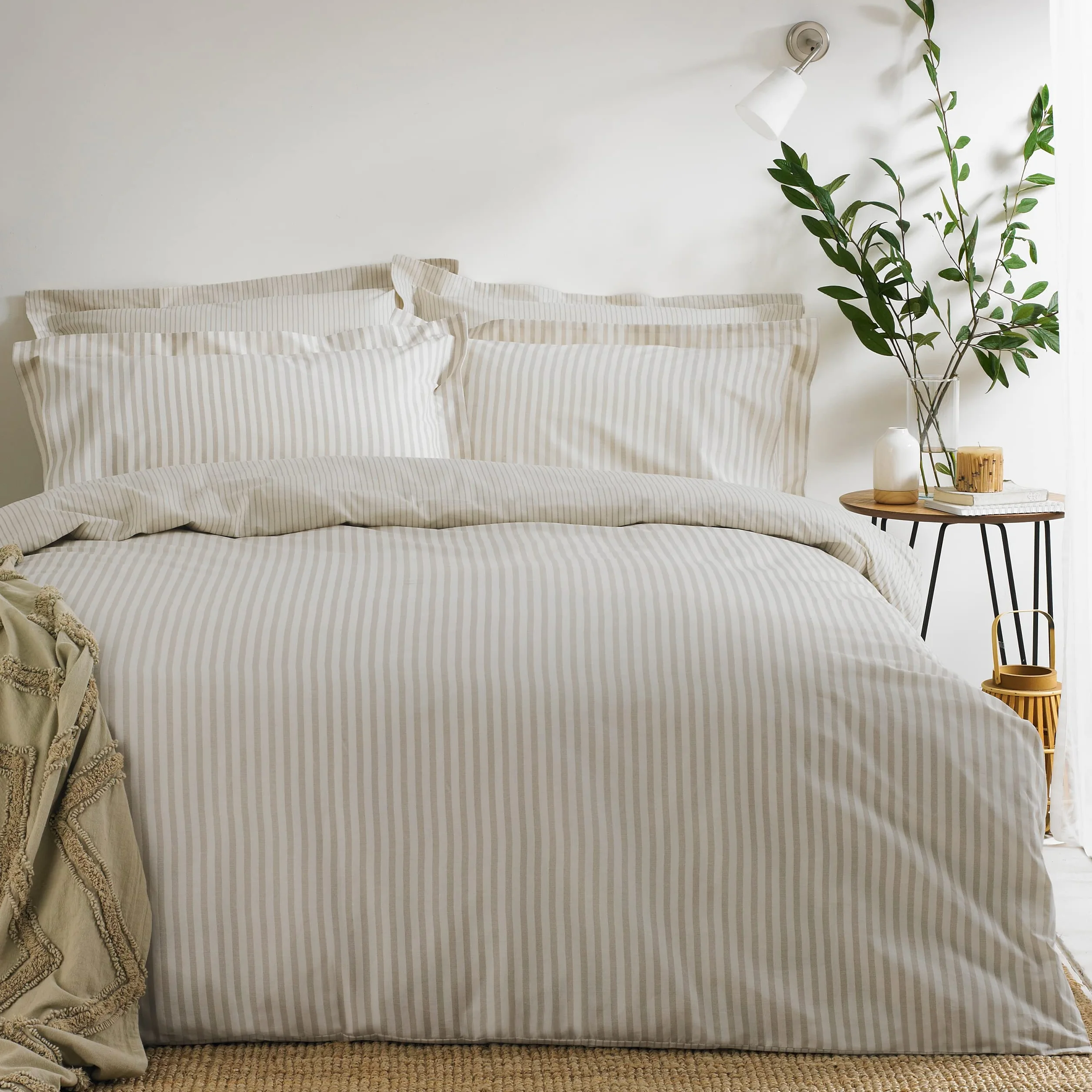 Yard furn Hebden Mélange Juego De Funda Nórdica De Algodón A Rayas – Ropa De Cama Reversible Ultra Suave (Natural – Super King – 260x220cm)