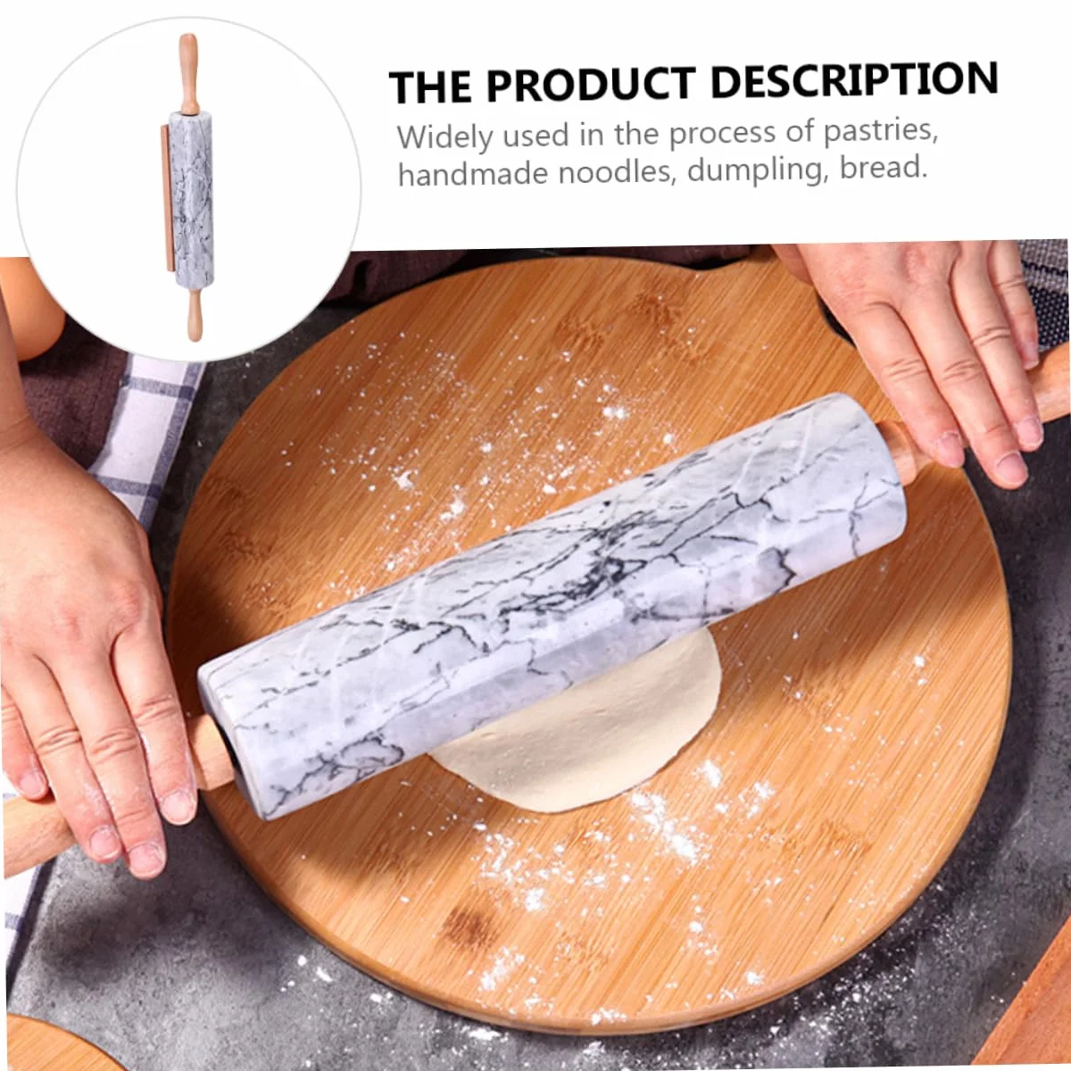 Cabilock Rodillo de Mármol para Masa Mango de Madera, Diseño Sencillo, Práctico y Multiuso para Hornear en Casa