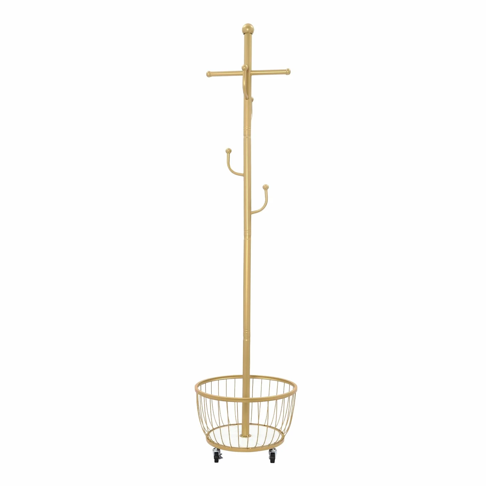 Perchero de entrada con cesta de almacenamiento, perchero de pie con cesta de almacenamiento y bicicleta móvil, 6 ganchos, altura 168 cm (dorado)