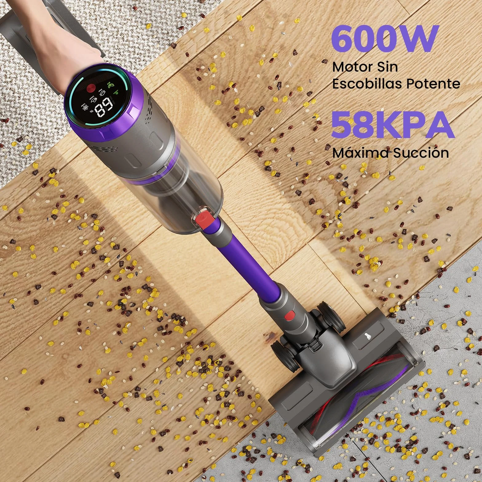 Aspiradora Sin Cable 58000Pa/600W/75Min, Escoba Aspiradora sin Cable de 1.6L, Pantalla Táctil LED Inteligente, Aspirador Inalámbrico Antienredo, Ideal para Suelos, Alfombras y Pelo de Mascotas
