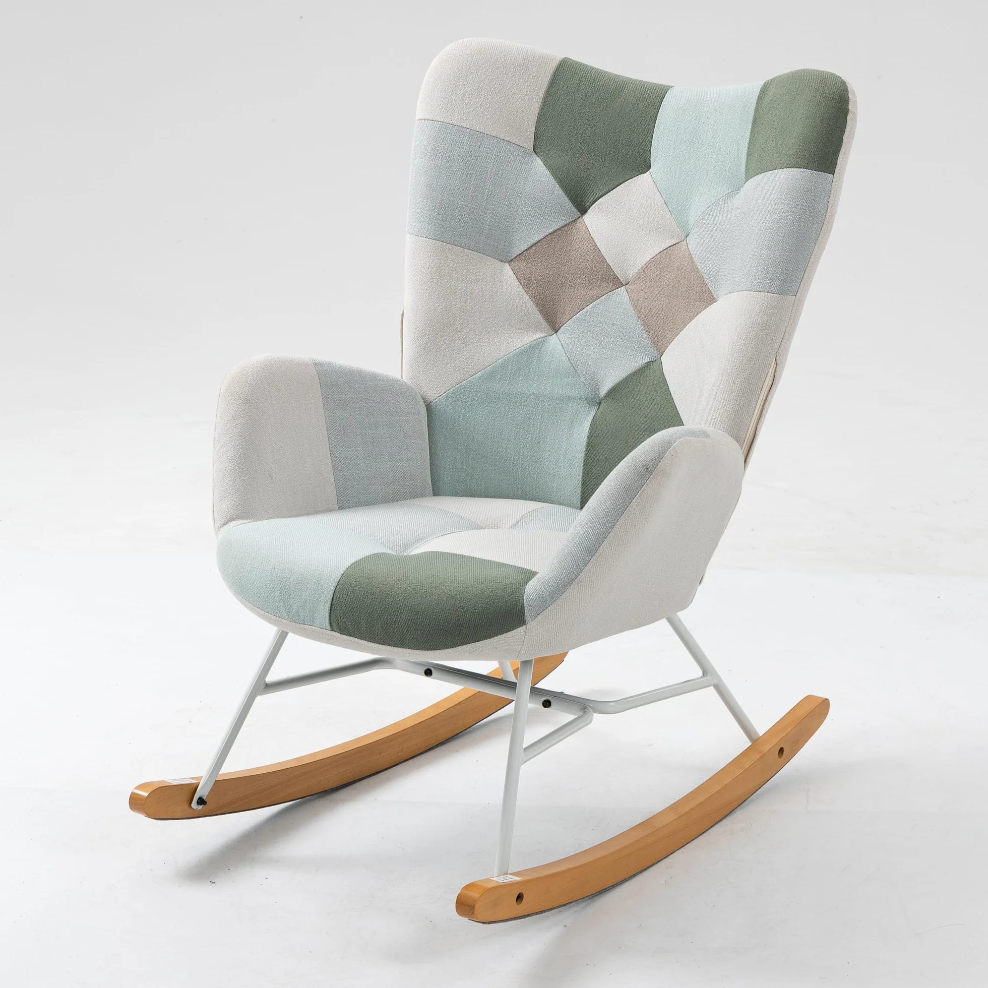 MEUBLE Cosy Sillón Relax, Mecedora Cómoda, Silla Balancín de Tela Patchwork con Patas de Madera y Metal para Salón, Adorno de Botones