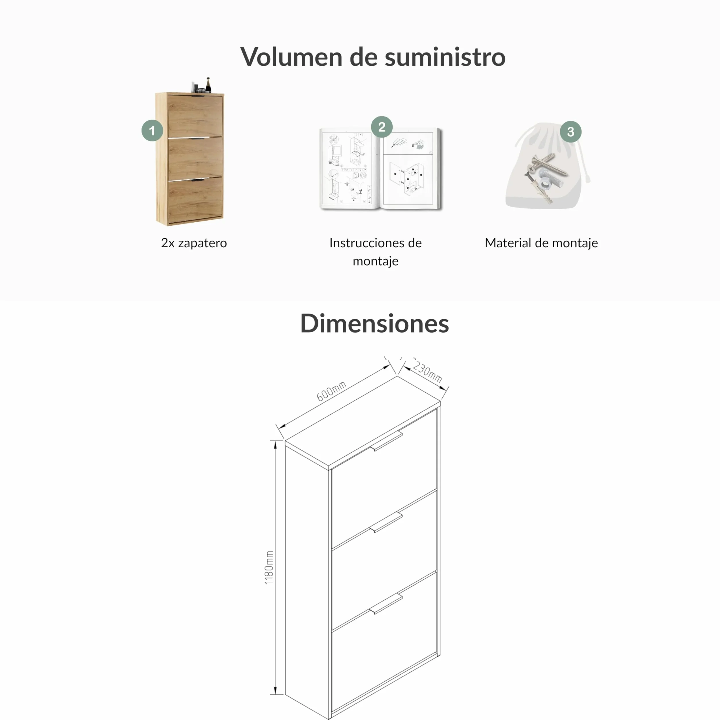 Planetmöbel 2 x Zapatero Estrecho con 3 Puertas, Organizador Zapatos con 6 estantes, Armario Zapatero para recibidor, Pasillo, guardarropa 60 x 23 x 118 cm, Roble Dorado