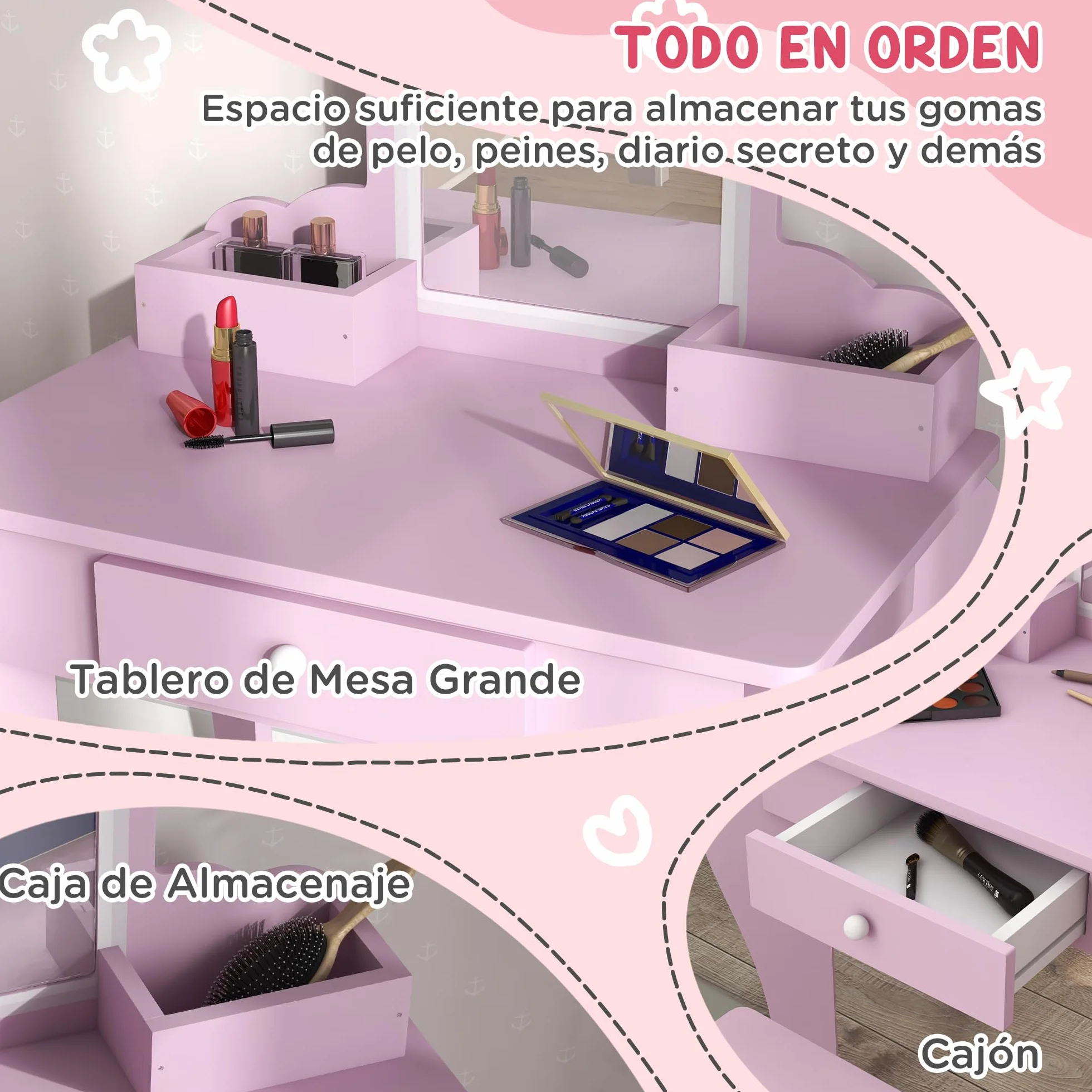 ZONEKIZ Tocador Infantil Mesa de Maquillaje con Taburete y Espejo para Niñas +3 Años Rosa