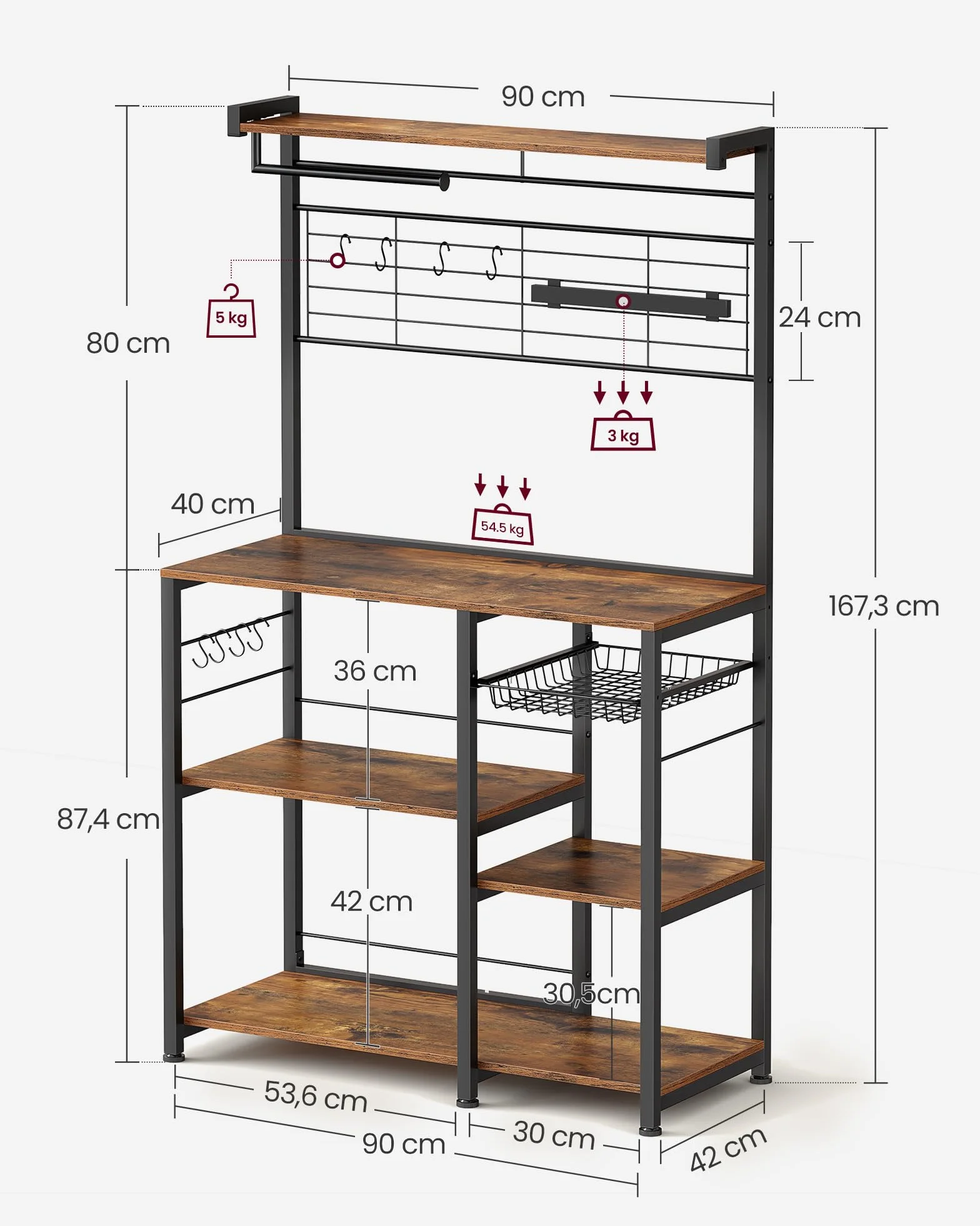 VASAGLE Estantería de Cocina, Soporte para Panadería, Isla de Cocina con Tira Magnética de Cuchillo, Cesta de Alambre, Soporte de Papel, 12 Ganchos, Marrón Rústico y Negro KKS026B01