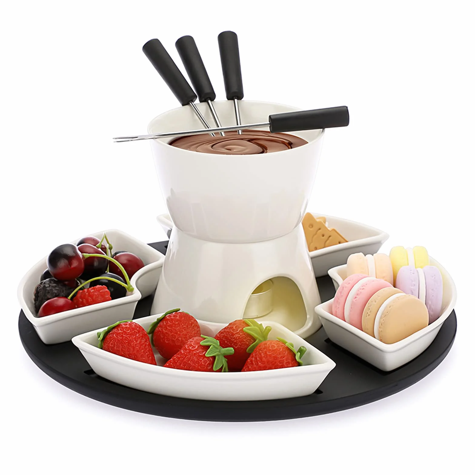 Fondue de Chocolate 300ml Cerámica Blanca Juego de Fundidor de Queso Cuadrado 11 Piezas con 4 Tenedores y Platos de Madera