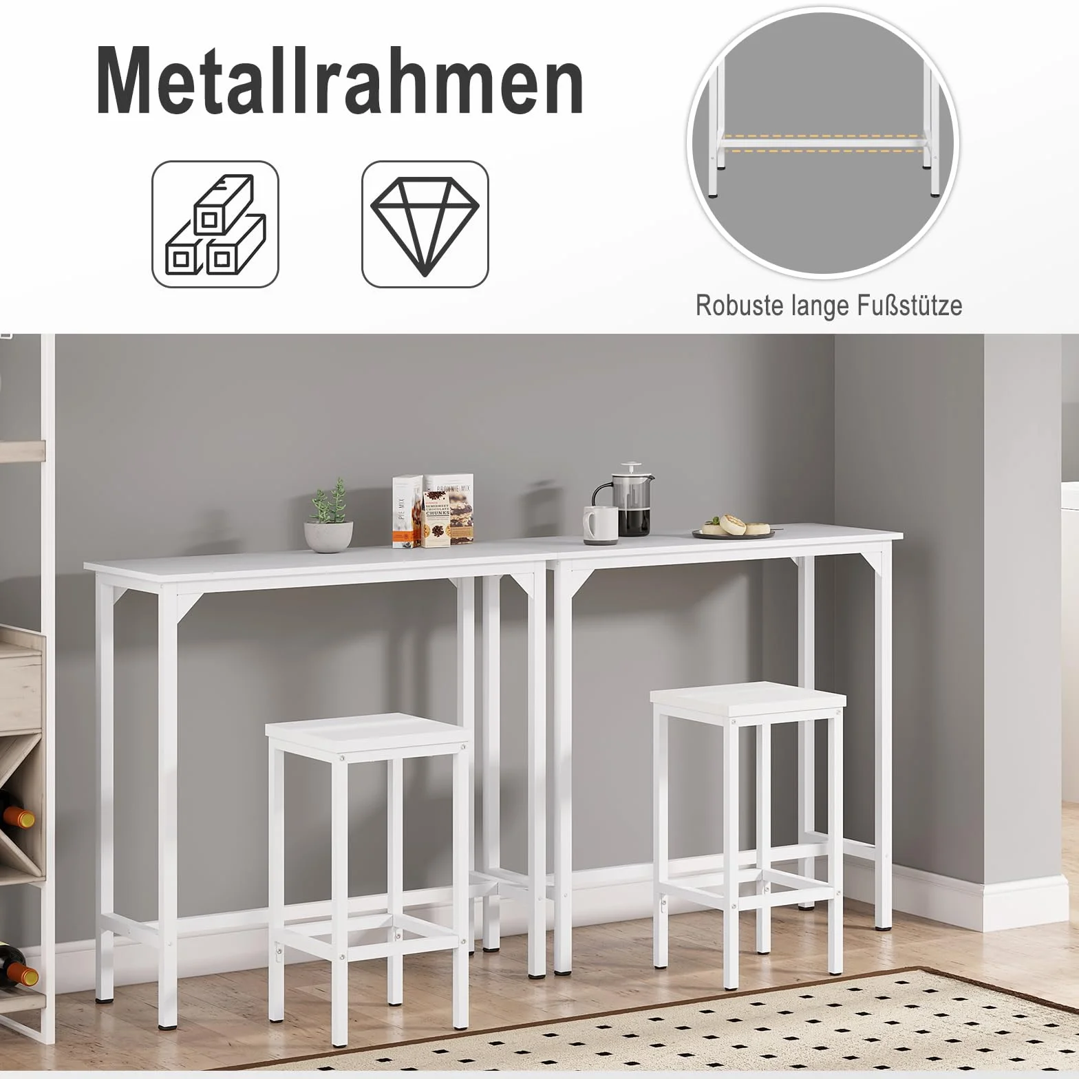 EUGAD Set Mesa de Bar y 2 uds, Taburete de Bar Muebles Cocina Silla de Comedor para Salon Cocina Mesa 100x40x100 cm Estructura de Metal, Blanca
