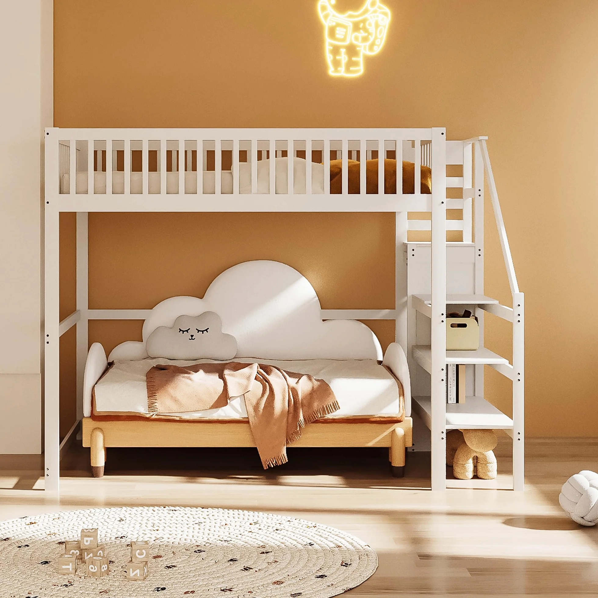 Azkoeesy Cama Alta Juvenil 140x200 cm en Madera de Pino Blanca, Escala Integrada Ahorra Espacio, Armario, Barandilla de Seguridad y Somier, para Niños y Adolescentes
