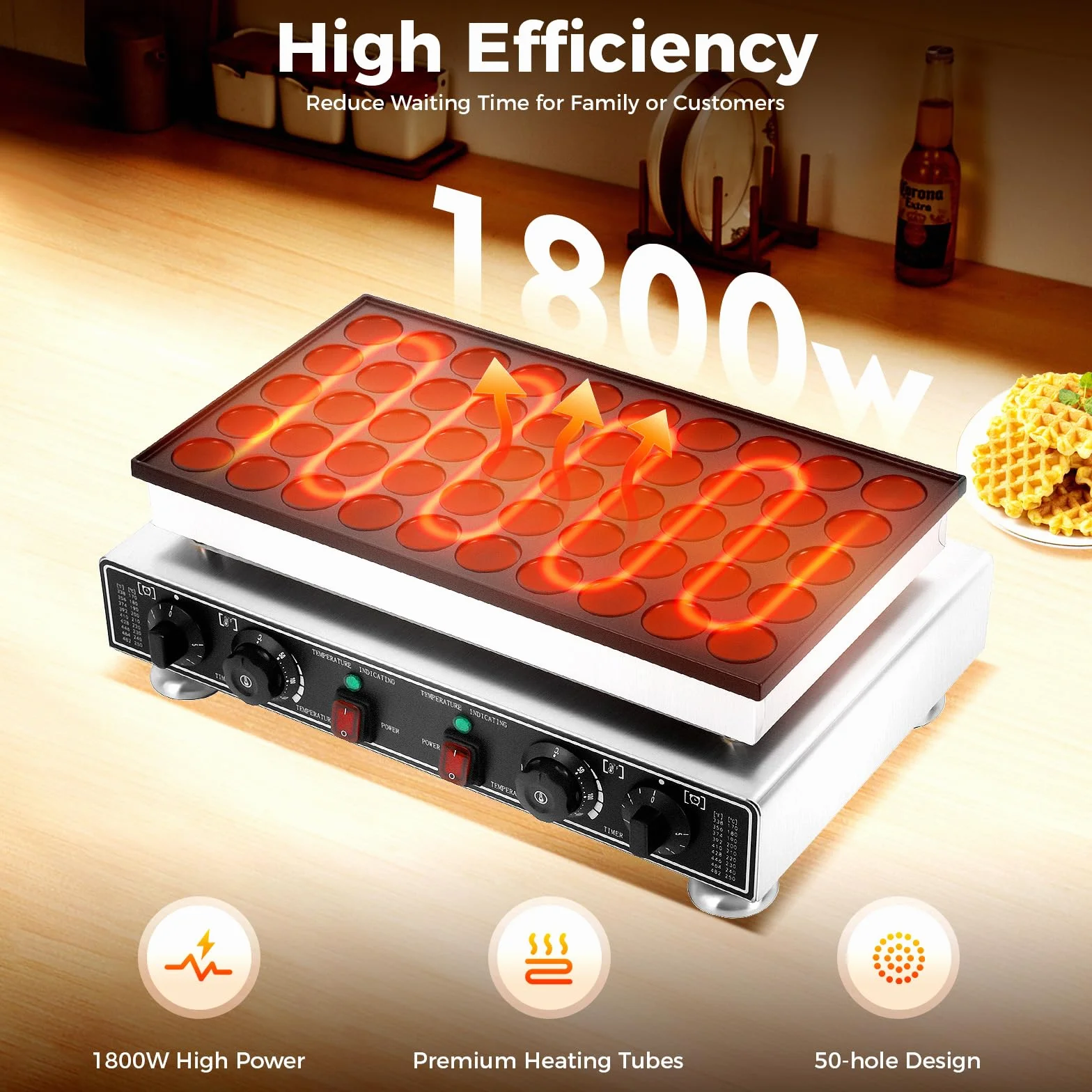 Poffertjes - Sartén de inducción (1700 W, 50 unidades, mini tortitas redondas, con 4 esponjas de limpieza, 2 cepillos, pinzas para alimentos