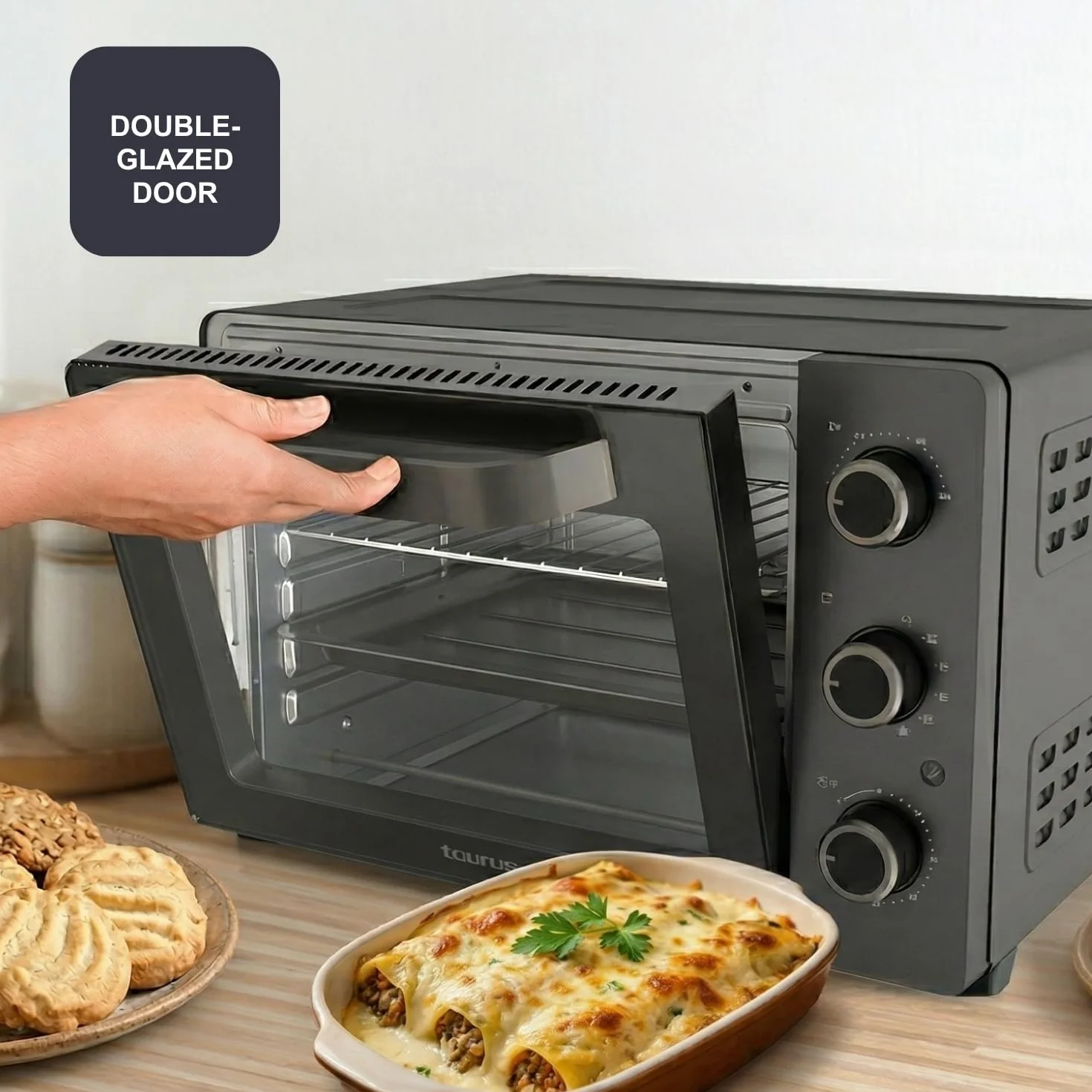 Black+Decker – Horno de sobremesa eléctrico BXOV3000E | 1500W | 30L | Grill | Superior | Convección | Timer 90 min | STAY ON | Doble cristal | Luz interior | Bandeja recogemigas | Rustidor