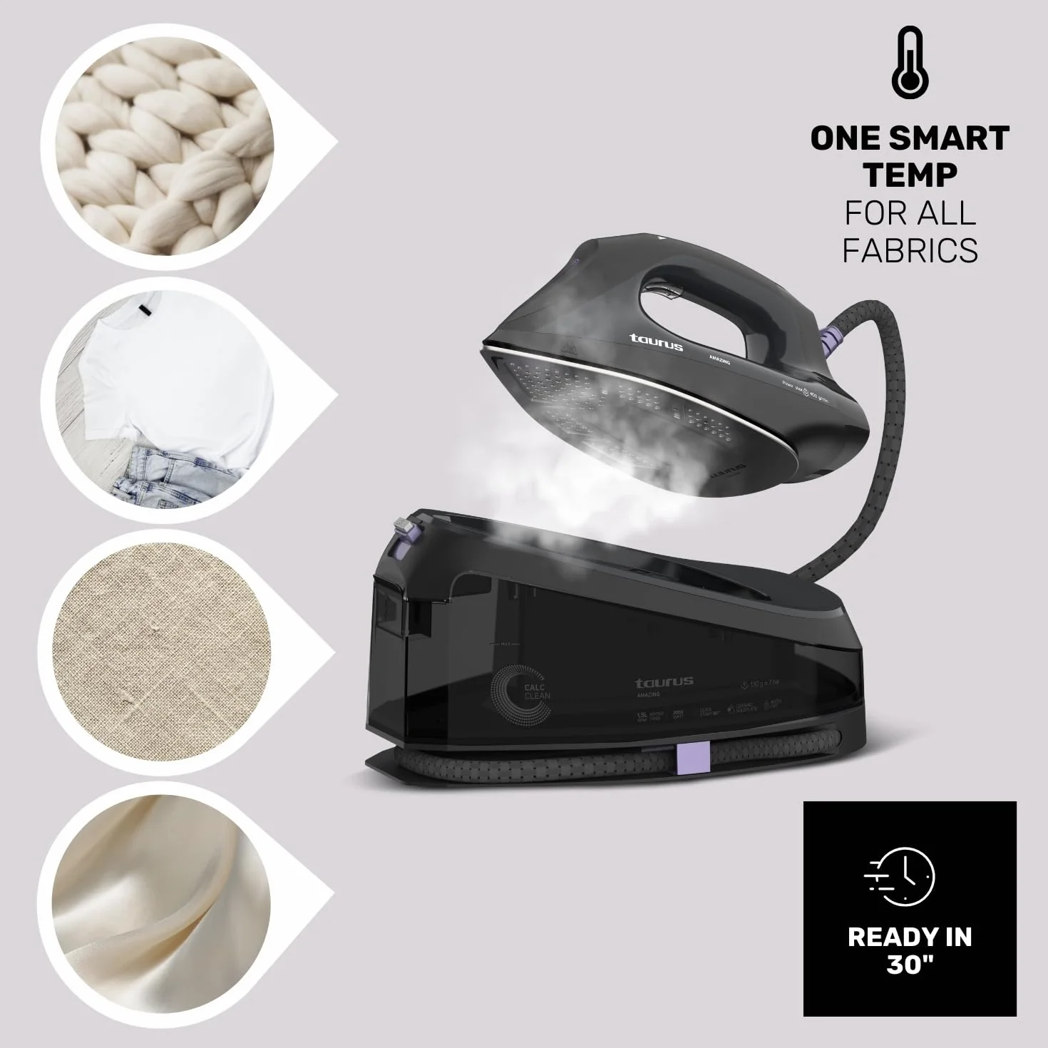 Taurus Amazing – Centro de planchado SSD3002 | 3000W | Depósito 1,5L | Suela cerámica | Golpe Vapor 130g/min | Pantalla digital | Antigoteo | Antical | Autolimpieza | Auto apagado
