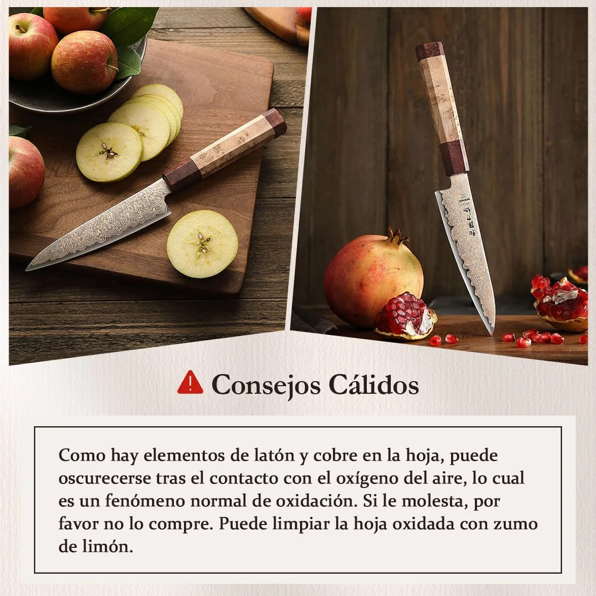 HEZHEN Damasco Cuchillos Universales, Cuchillos Cocina Damasco de Cobre, Cuchillo de Fruta para Pelarr con Caja de Madera, Mango de Octogonal
