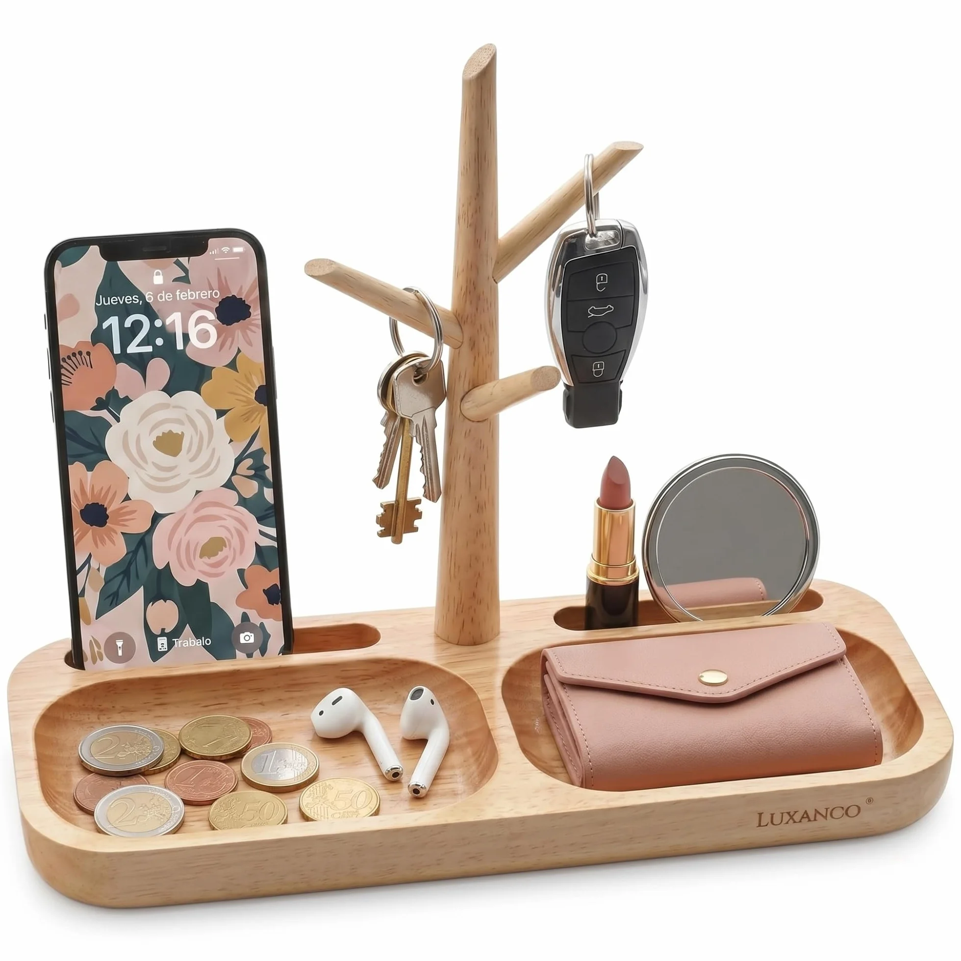 Vaciabolsillos Recibidor - Bandeja Madera Decorativa con Colgador Llaves, Soporte Movil Mesa Ideal para Entraditas Recibidores - Bandejas Decorativas Porta Chaves con Atril para Movil Marrón