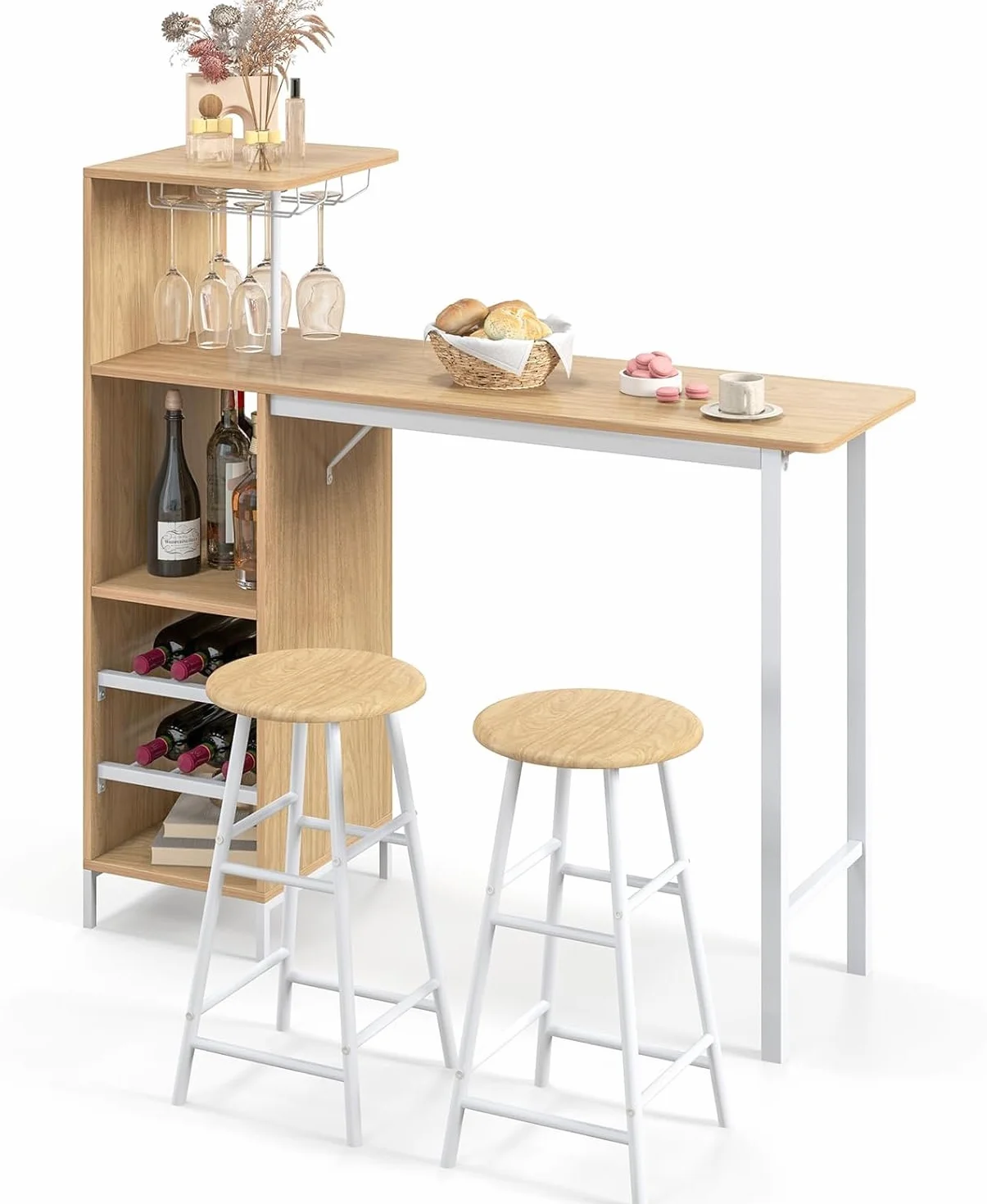 RELAX4LIFE Juego de Mesa Comedor de 3 Piezas, Mesa de Comedor con 2 Taburetes de Bar, 3 Estantes, Soportes para Copas y Portabotellas de 2 Niveles, Mesa Alta Cocina de MDF, 120x40x121,5cm (Natural)
