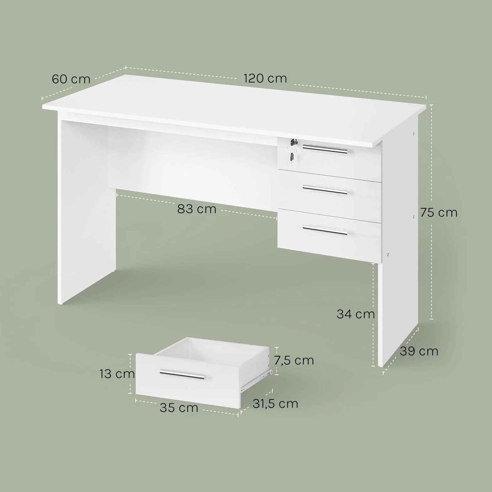 WOLTU Mesa de Ordenador, Escritorio de Trabajo con 3 Cajones, 120x60x75 cm, Mesa Escritorio para Oficina Dormitorio Despacho y Estudio, Blanco