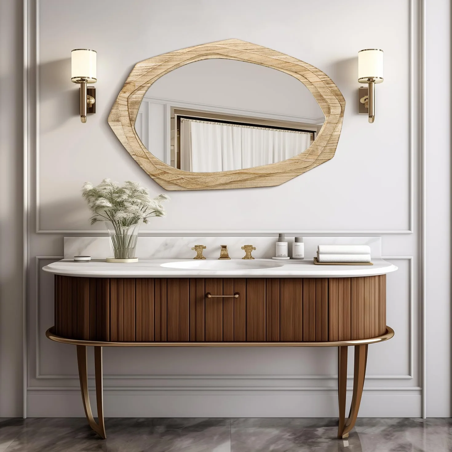 AAZZKANG Espejo de pared irregular grande con marco de madera, 70 x 45 cm, espejos colgantes asimétricos rústicos para baño, dormitorio, sala de estar, entrada