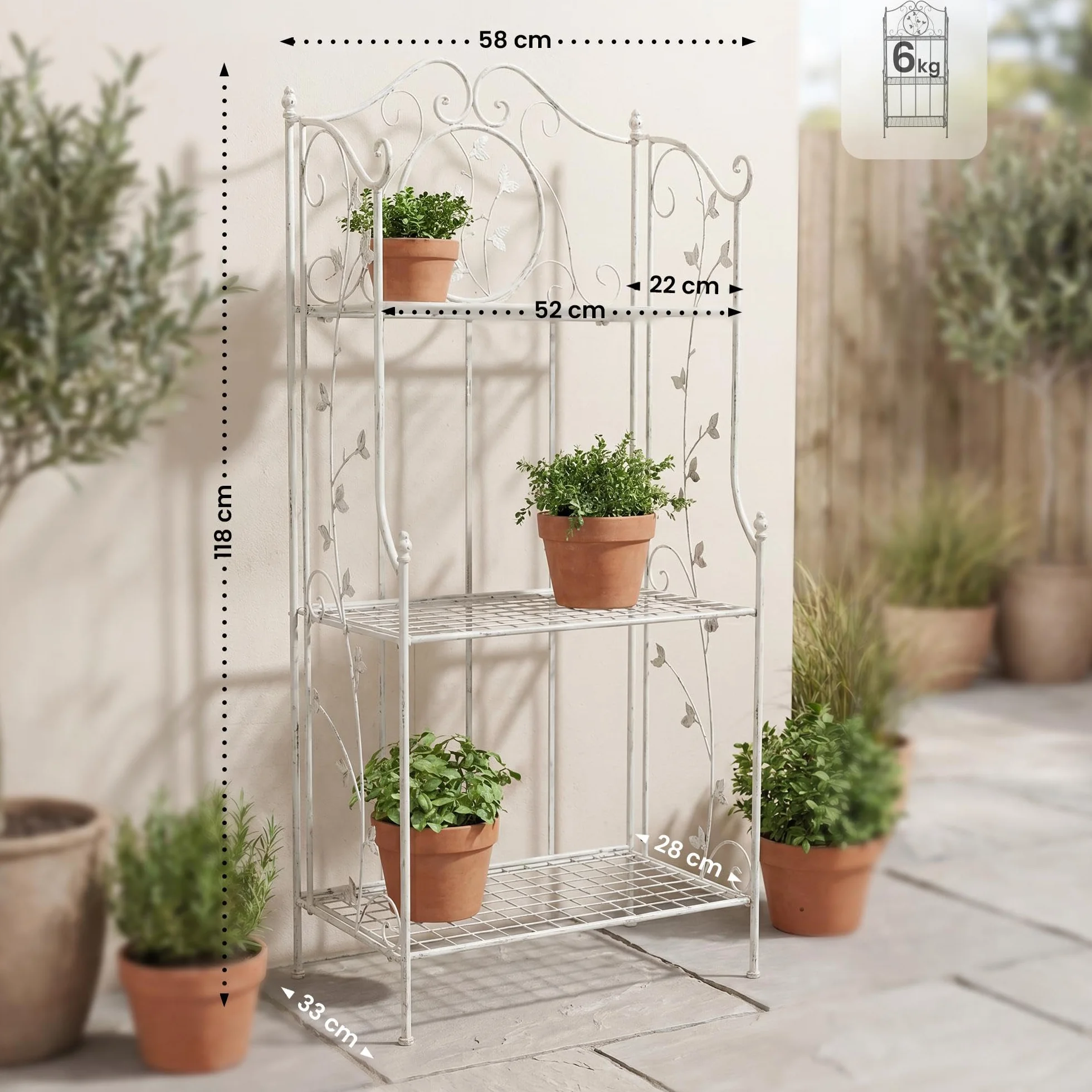 CLP Estanteria de pie Plegable Reus, Estante Escalonado Estilo Rustico, estanteria para Plantas de Metal, compacta para Interior y Exterior, Color:Blanco Envejecido