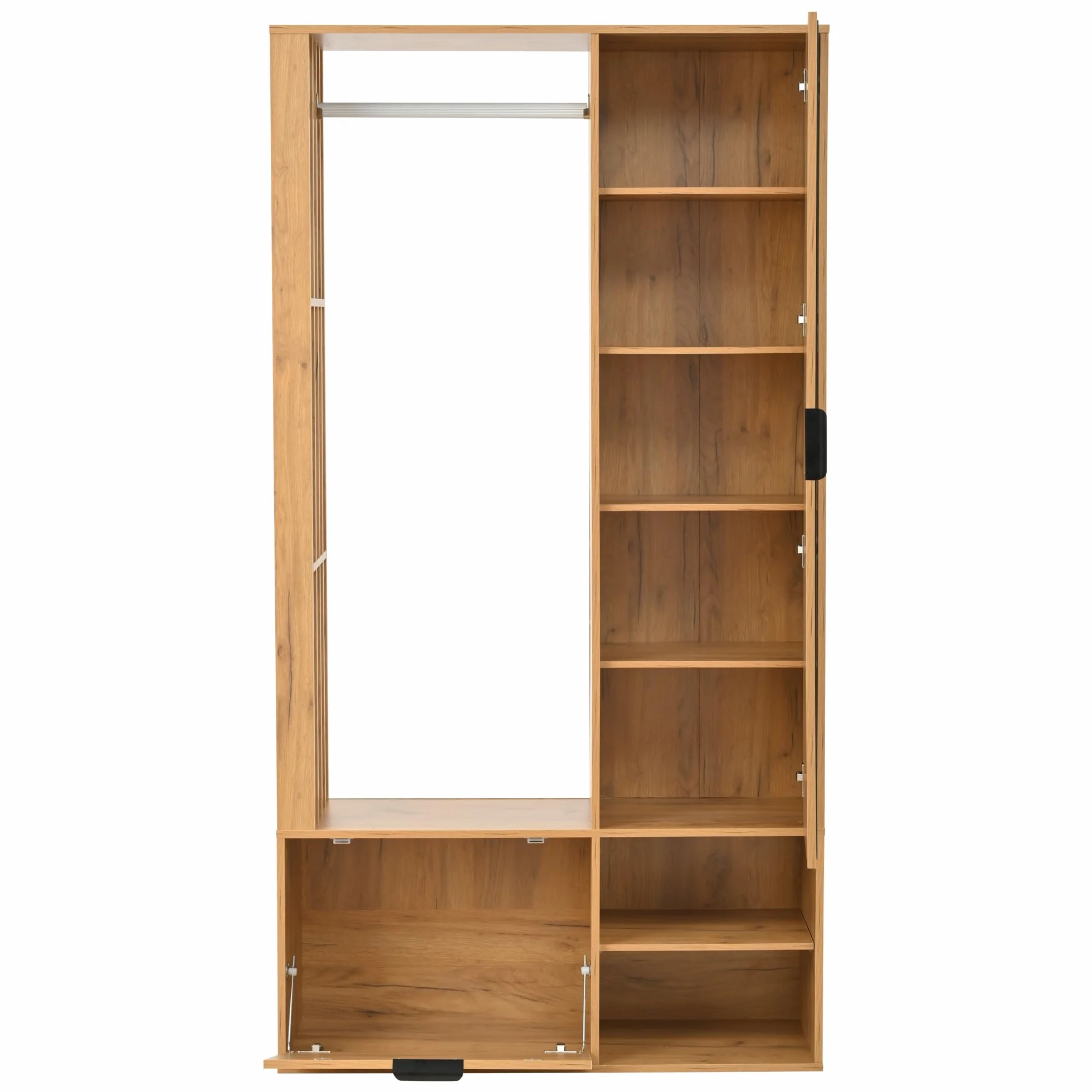 MURUL Armario 6 en 1, 100 x 33 x 190 cm, natural, con espejo, tendedero y puerta, armario de pasillo de 100 cm de ancho para colgar abrigos