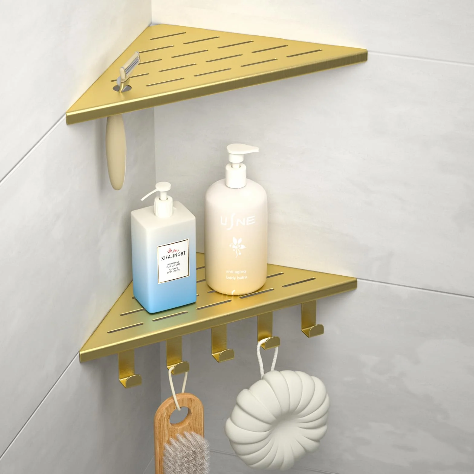 Estantería esquinera de Ducha con Ganchos de Acero Inoxidable 304, para Paredes de Azulejos, empotrable, para renovación de baño,el Dorado | Estante de ducha de 25,4 cm para renovación de baño, estante de esquina para pared de azulejos, color dorado