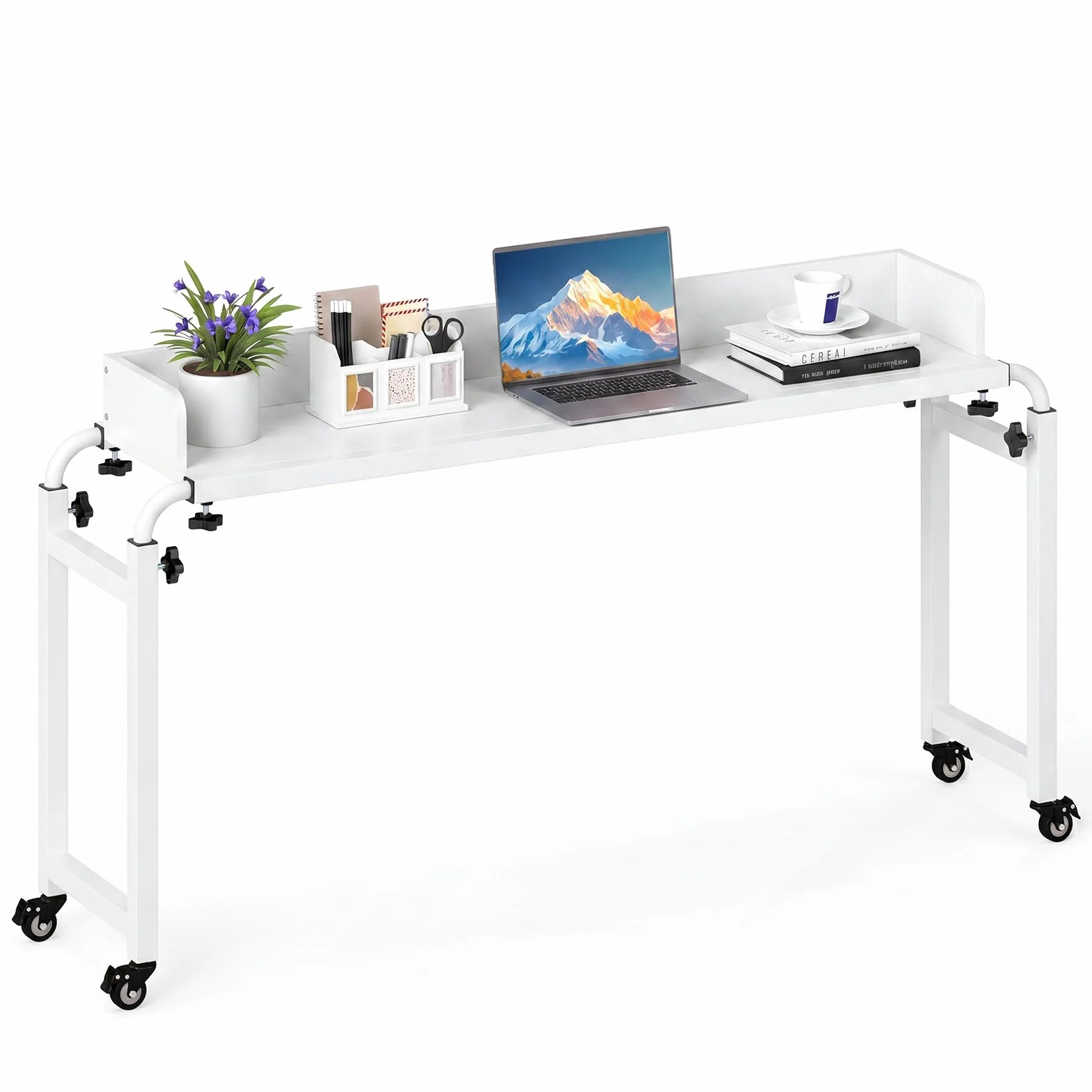 COSTWAY Mesa de Sobrecama con Ruedas, Altura y Longitud Ajustables, Escritorio Queen, Marco Metálico, Mesa para Cama, Dormitorio,135,5-206 x 40 x 73,5-102,5 cm (Blanco)