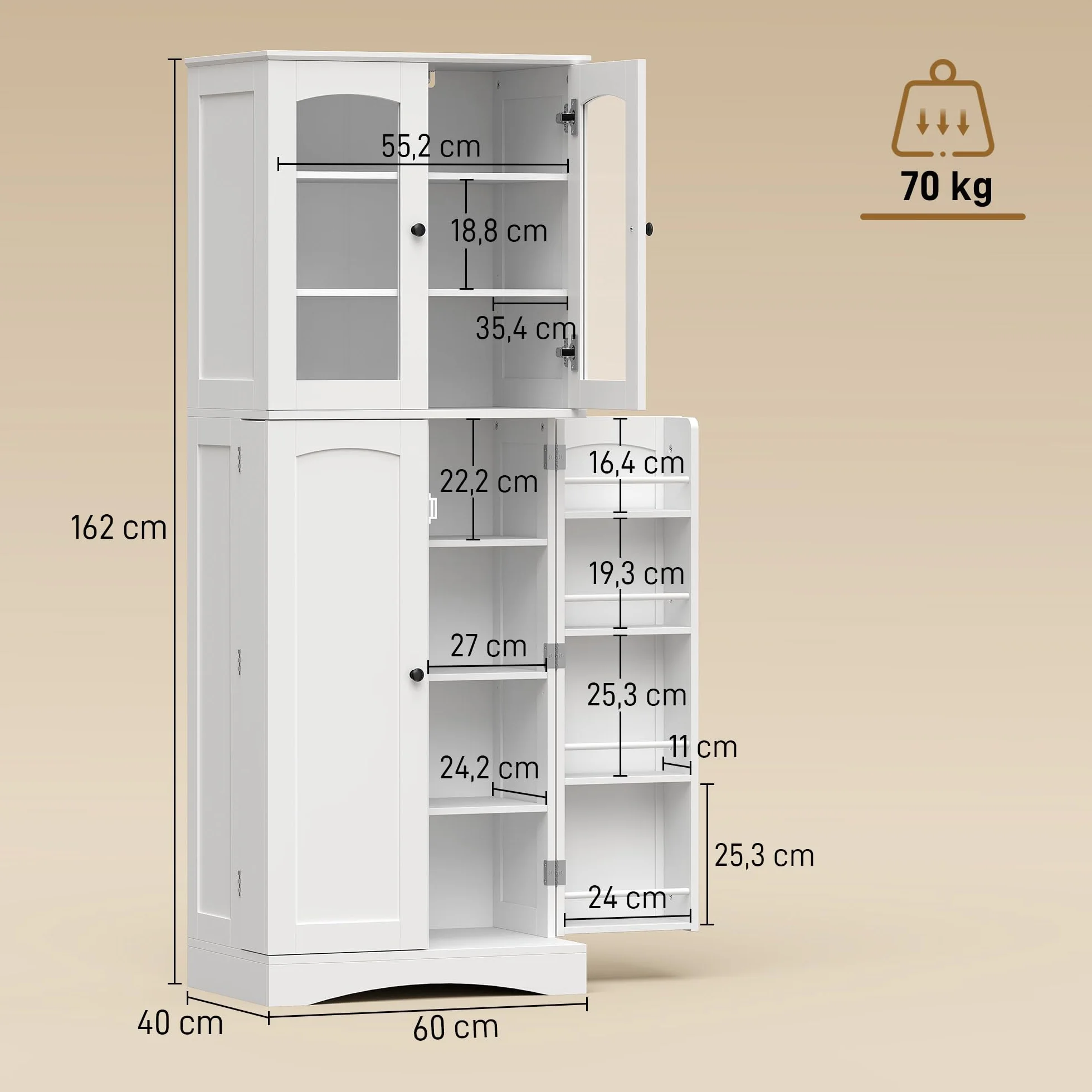 HOMCOM Armario de Cocina, Armario Despensa Cocina, con Puertas Acrílicas de Cierre Suave, 10 Estantes, 8 Compartimentos, Alacena Moderna con 4 Estantes Ajustables para Comedor, 60x40x162 cm, Blanco