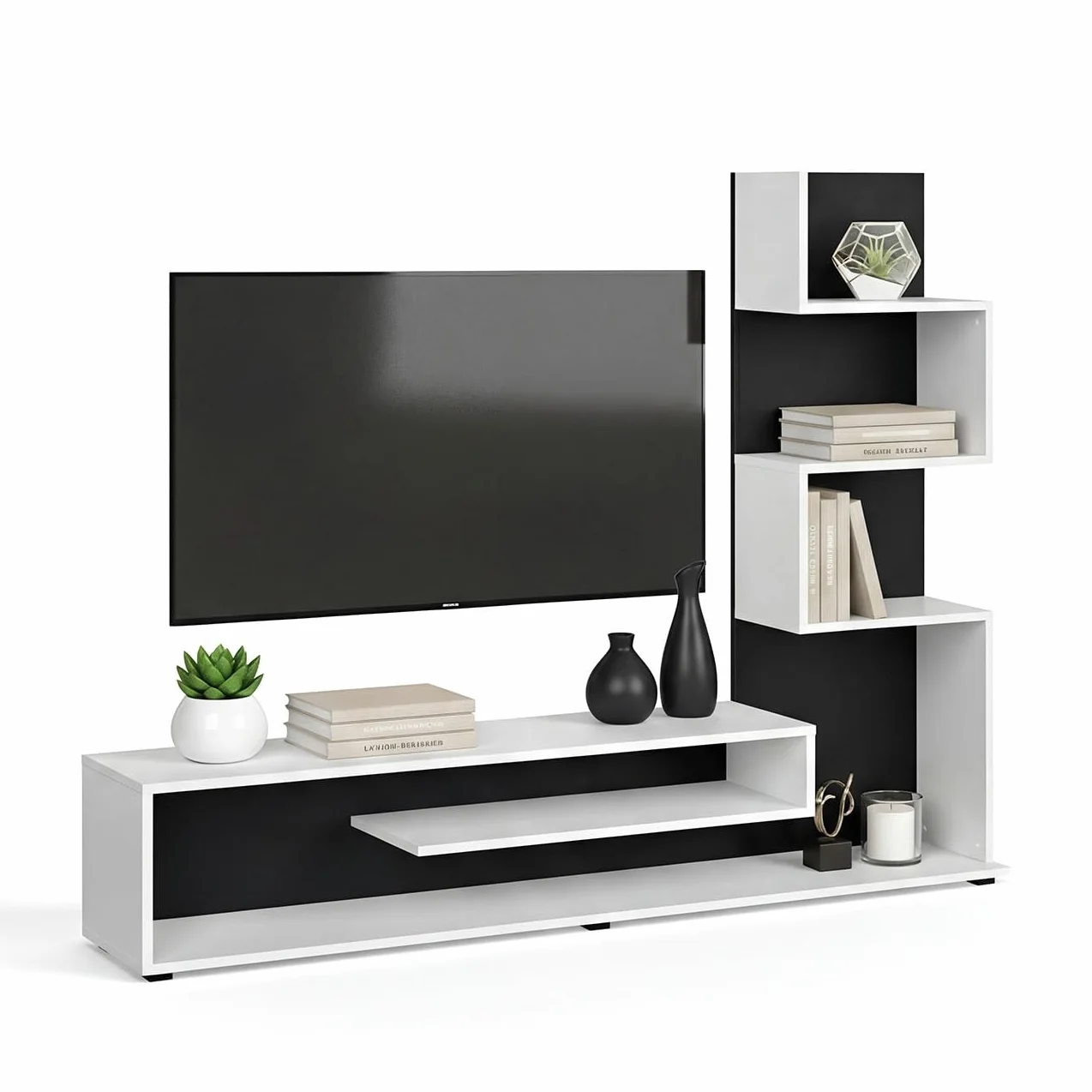 duehome | Mueble de Salón, Composición Modular de TV, Modelo Moobi 160, Acabado en Blanco y Negro, Medidas: 160 cm (Largo) x 29 cm (Fondo) x 124 cm (Alto)