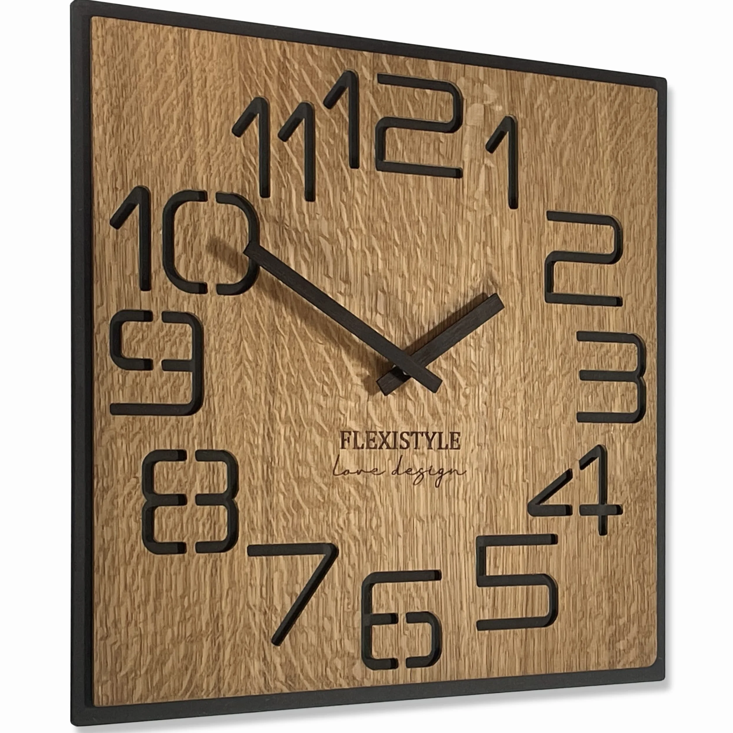FLEXISTYLE Moderno Reloj de Pared Cuadrado Grande de Madera Eco de 50 cm de diámetro, Silencio, Aspecto de Madera, Roble, salón, Dormitorio, (Digits 40 cm)