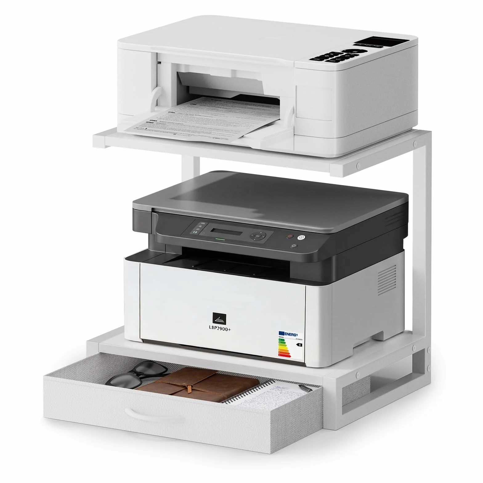 Soporte para Impresora de Escritorio de 2 Niveles con cajón de Tela y Estante Abierto, Mesa con Almacenamiento para Impresora, Oficina en casa, Impresora 3D, fax, escáner, Blanco