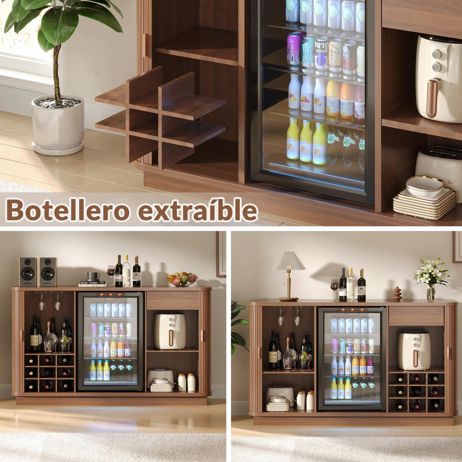 Aparador buffet estriado de 130 cm de largo, mueble bar de café con espacio para refrigerador,mueble bar de vinos retro con puertas enrollables,estantes ajustables y botellero para cocina y comedor