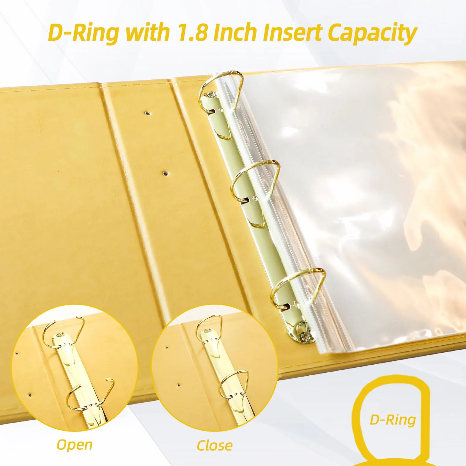 Álbum de fotos de 12 x 12 pulgadas, carpeta de 3 anillas, cubierta de piel, álbum de recortes de 12 x 12 pulgadas, anillo en D con 10 fundas de plástico, color amarillo