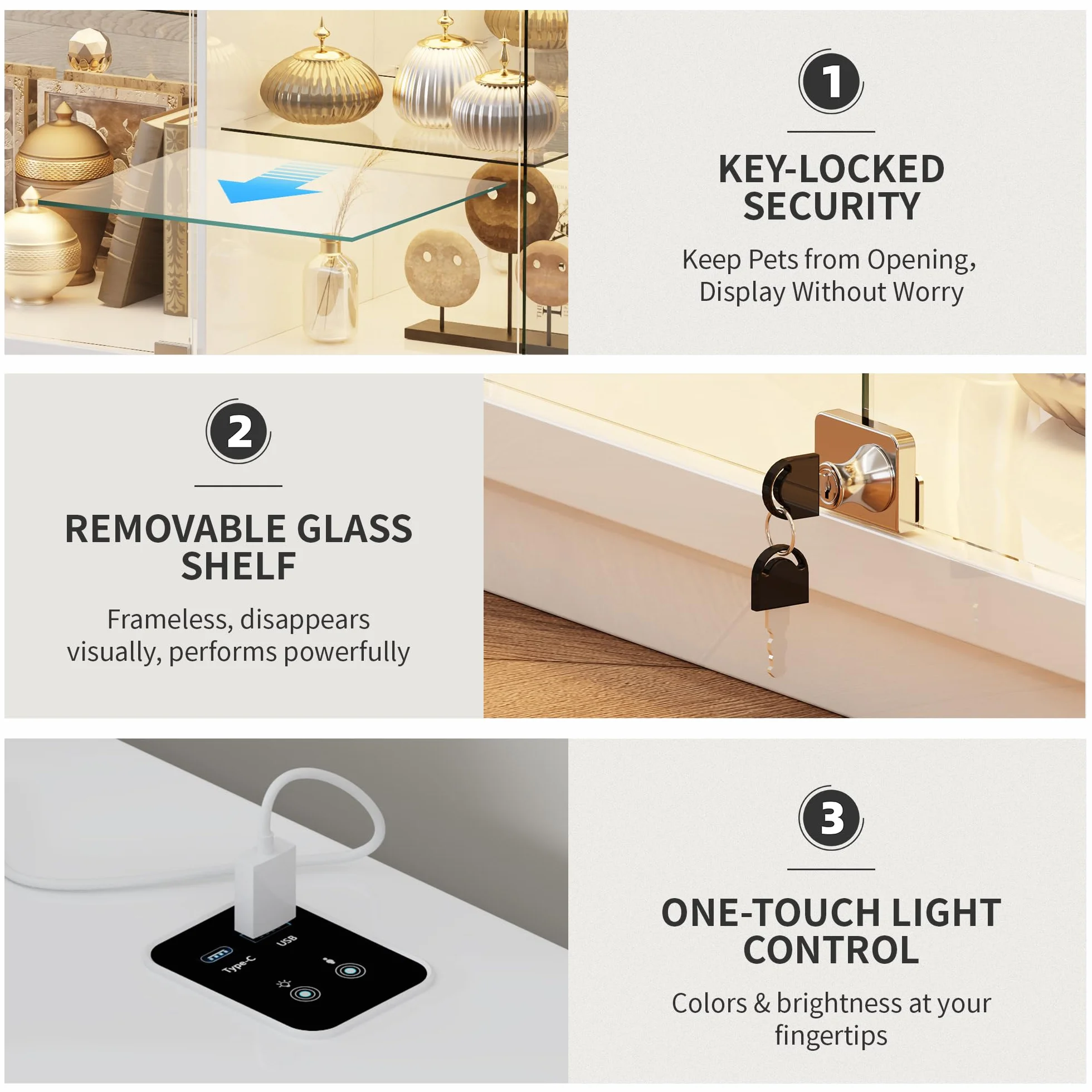 Vitrina Expositora con Iluminación LED: Puertas de Cristal con Cerradura Vitrinas con Sensores Inteligentes Vitrina Cristal de 3 Niveles para Salón,Dormitorio,Oficina o Estudio,