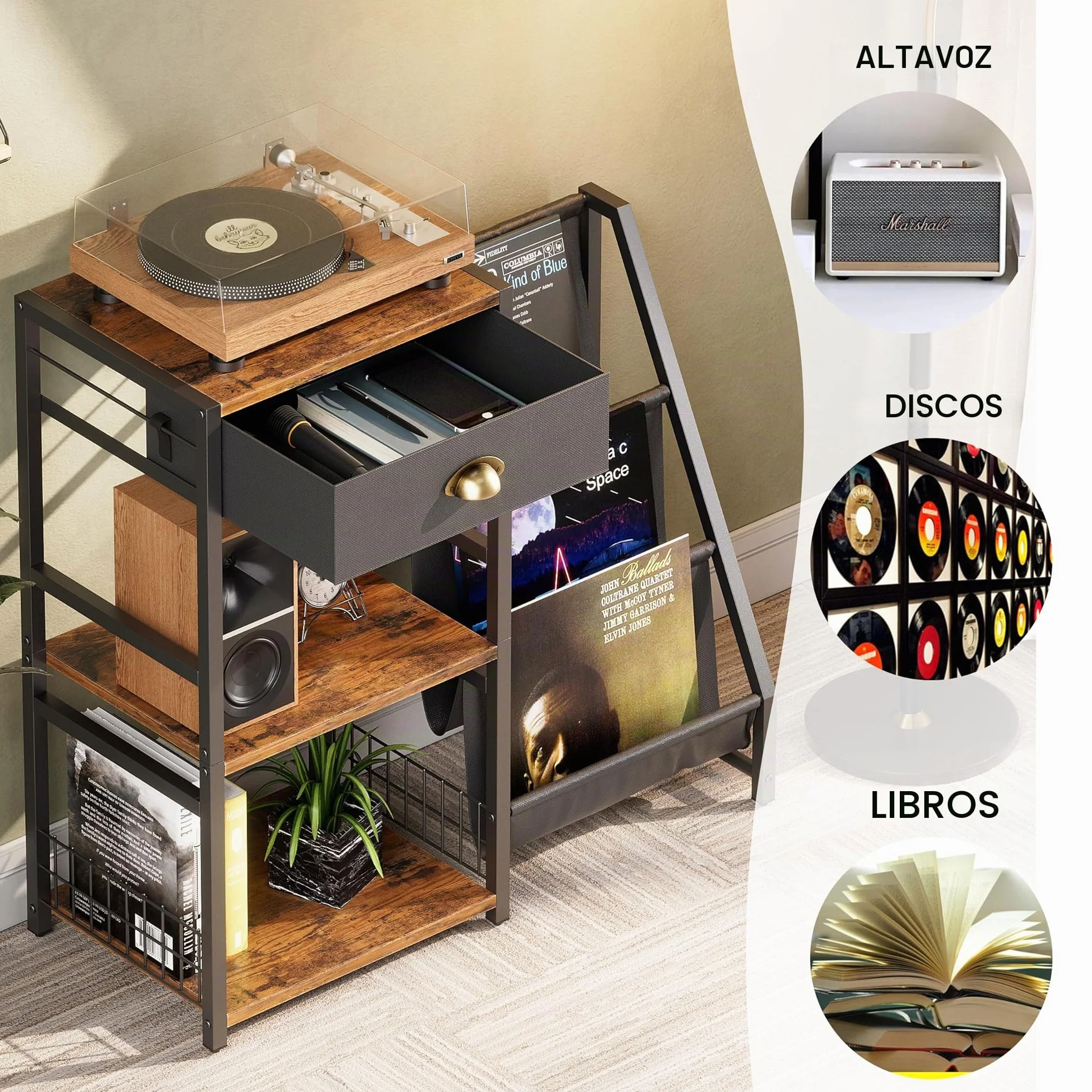 Soporte para tocadiscos de 3 niveles, mesa auxiliar vintage, estante giratorio con cajón, estantería con estante de 3 niveles de madera