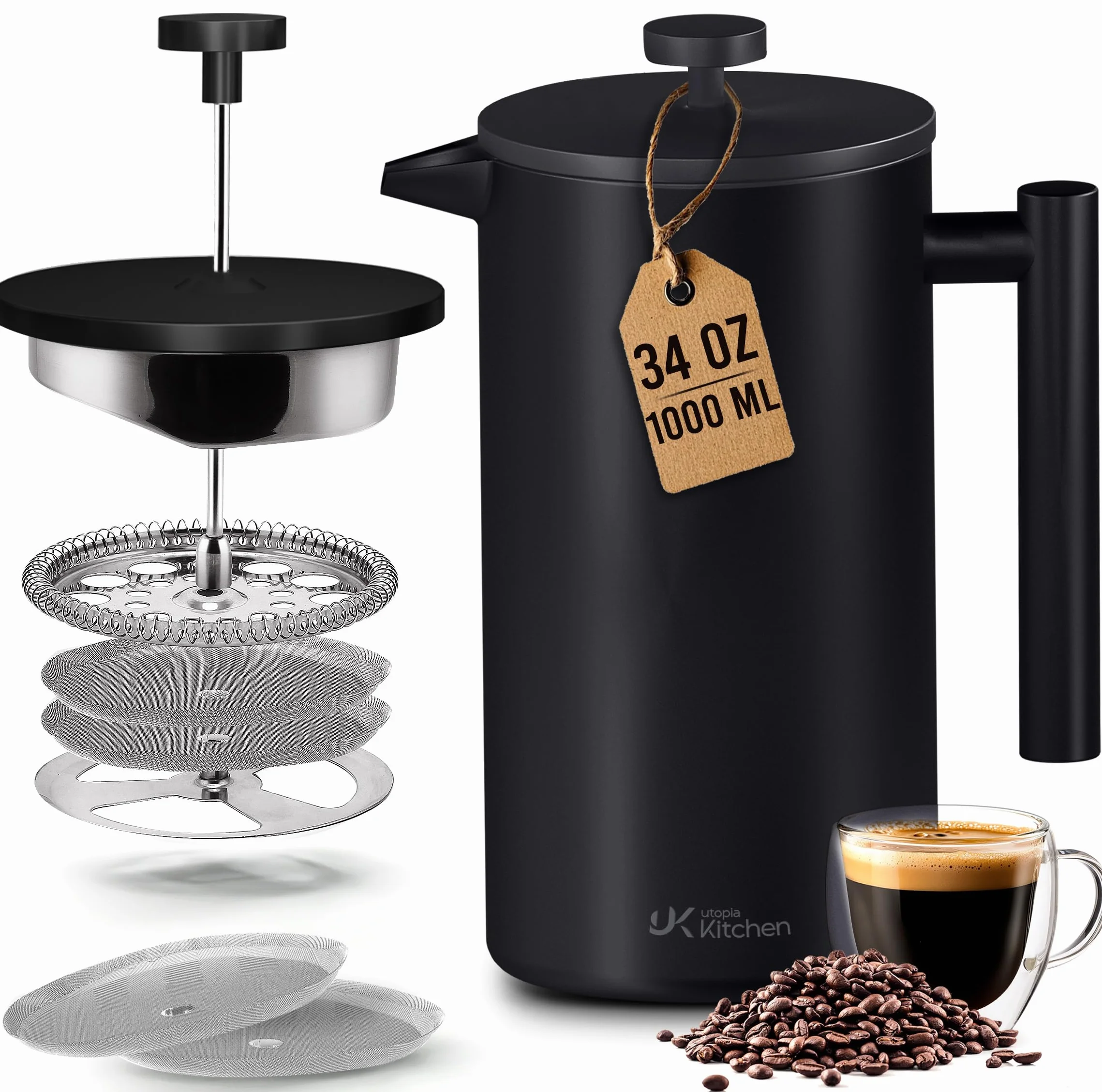 Utopia Kitchen Cafetera de prensa francesa de 34 onzas, acero inoxidable aislado de doble pared con sistema de filtración de 4 niveles, incluye 2 filtros adicionales, sin óxido, apta para