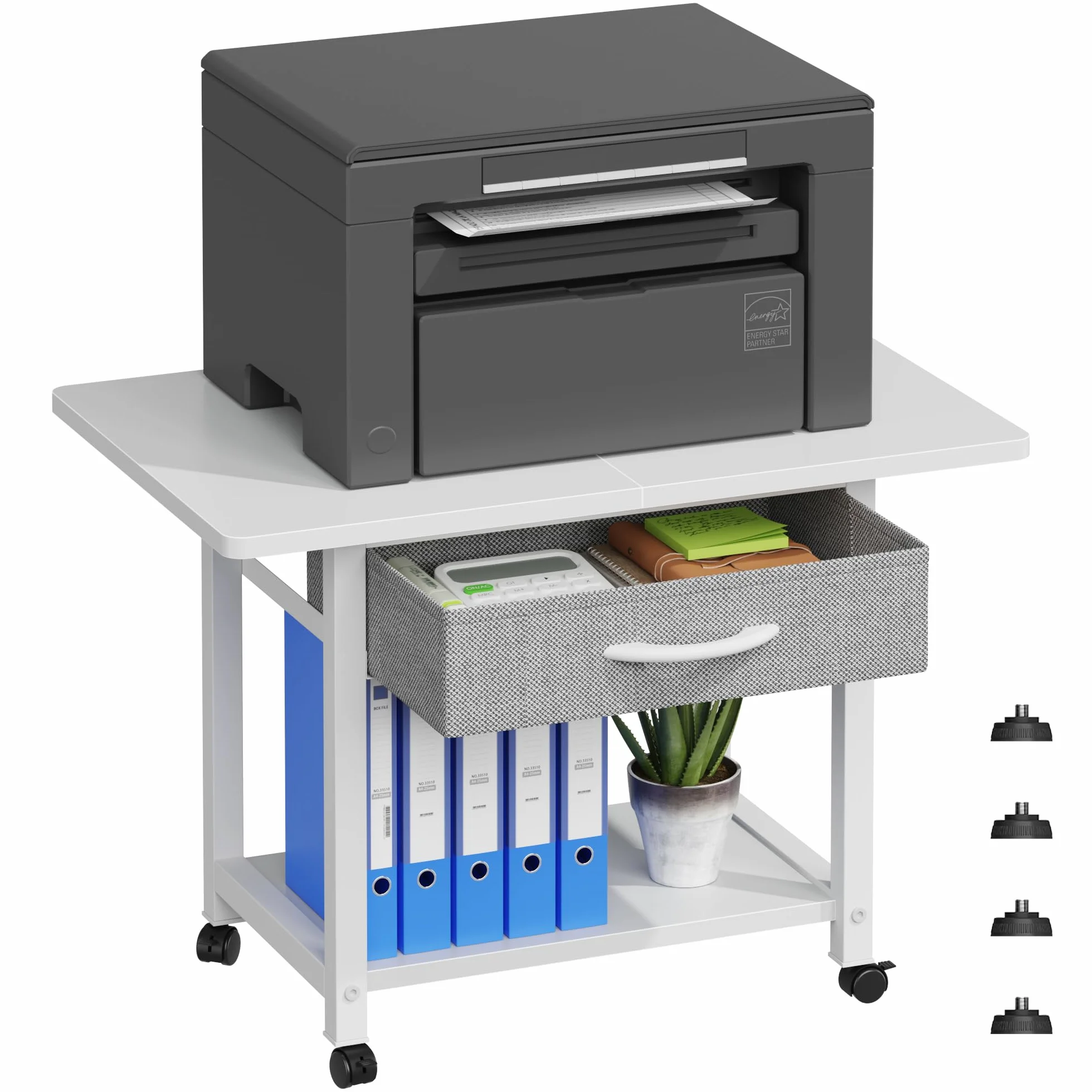 Mesa para Impresora con Ruedas 2 Niveles con Cajón, Estantería de Oficina Blanco
