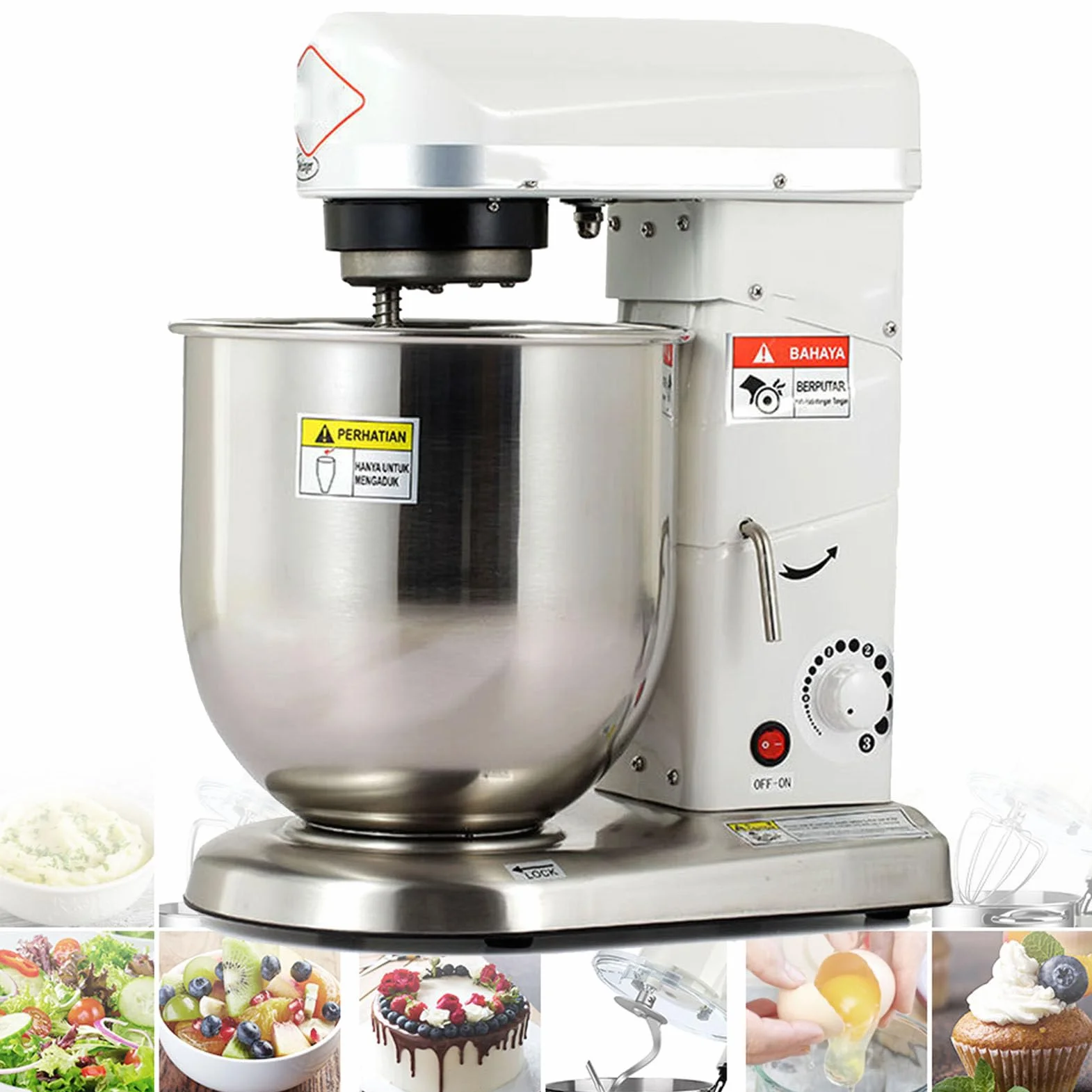 Amasadora profesional de pedestal, 3 velocidades, 10 l, 500 W, eléctrica, con batidor y gancho para amasar, ideal para cocinas comerciales, color blanco.