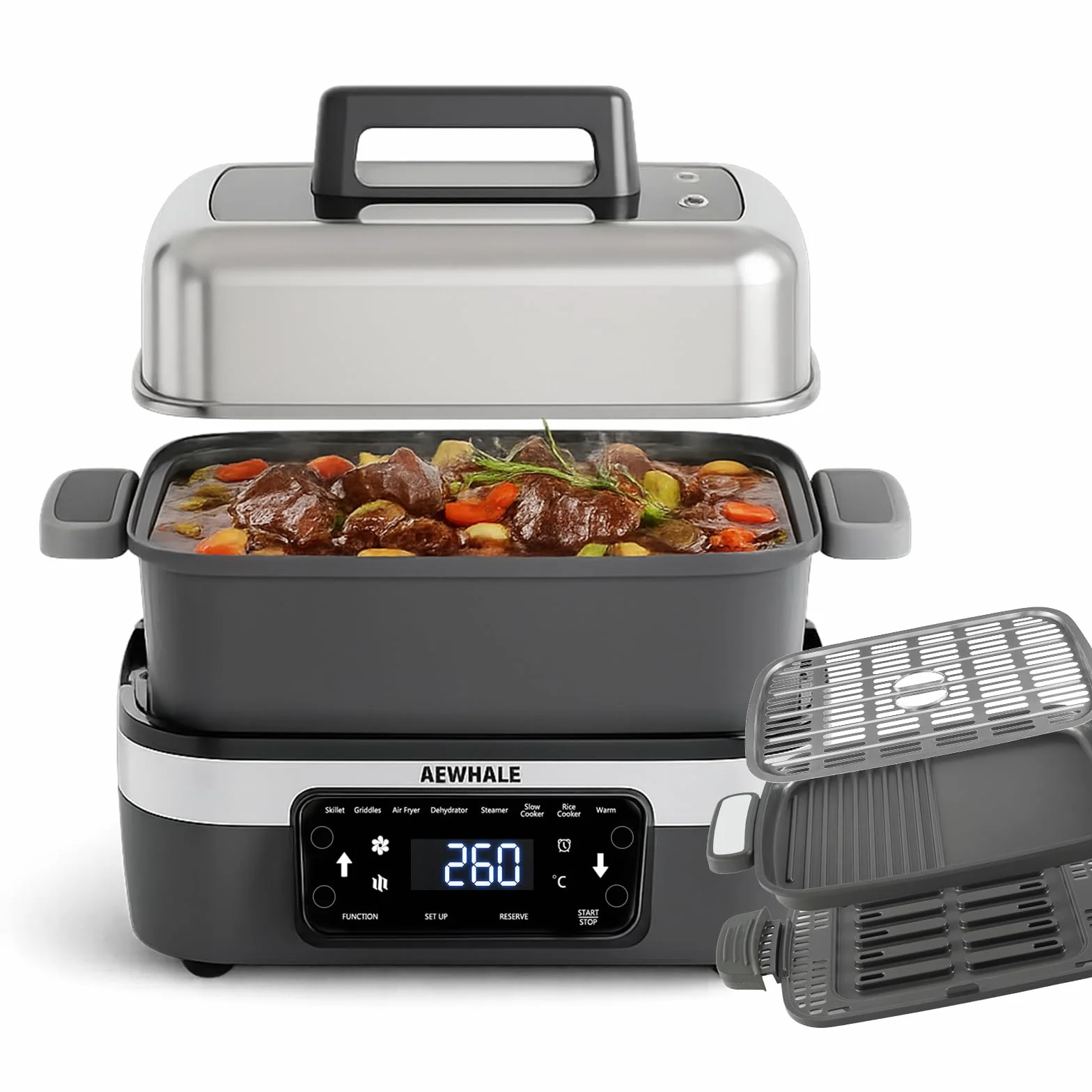 Olla Multifunción 8 en 1 4.25 L AEWHALE Cocción Lenta Vaporera Arrocera Sartén Mantener Calor Gris