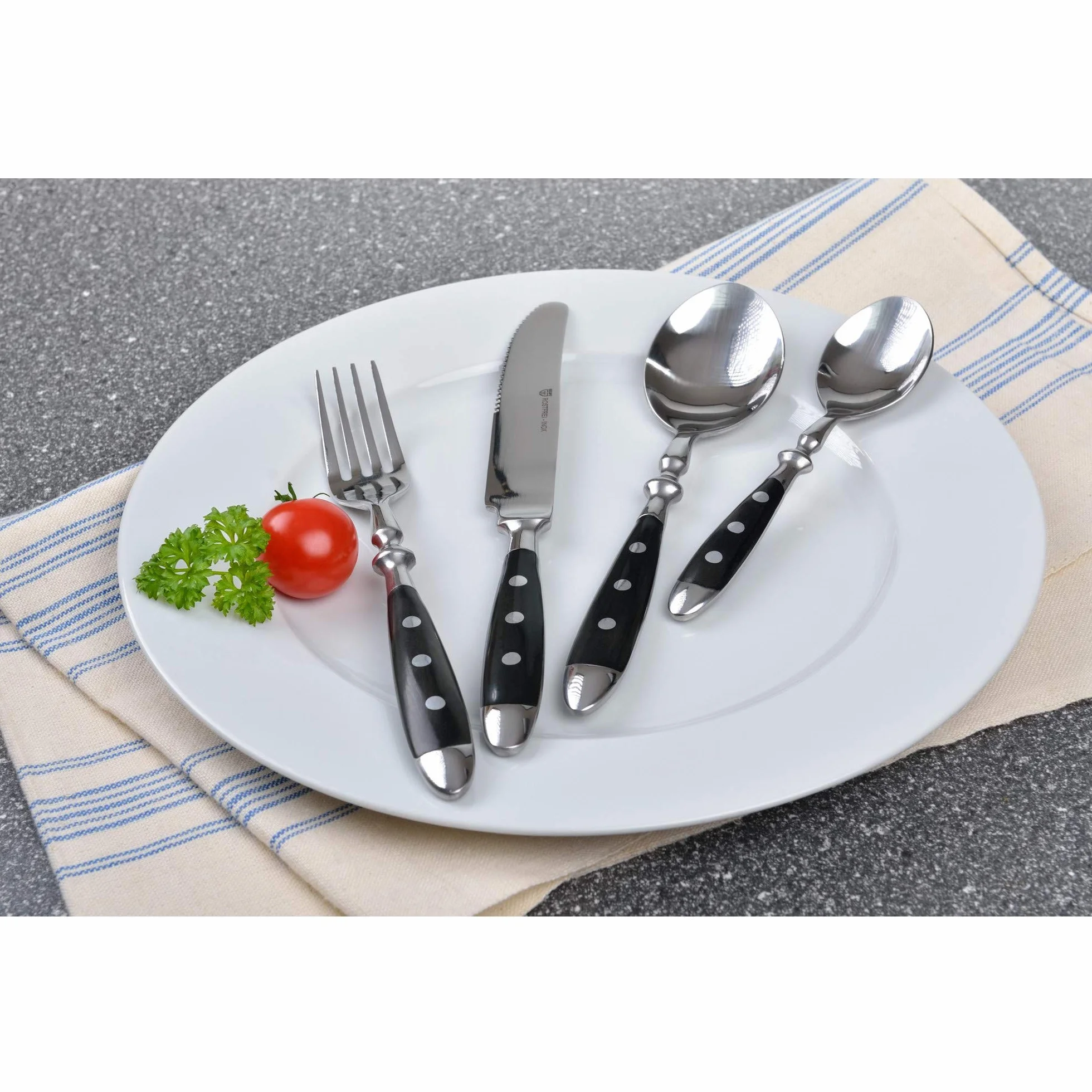 Juego de cubiertos GRÄWE para 18 personas, 90 piezas, con cubertero - cubiertos forjados con mangos negros - serie "NÜRNBERG