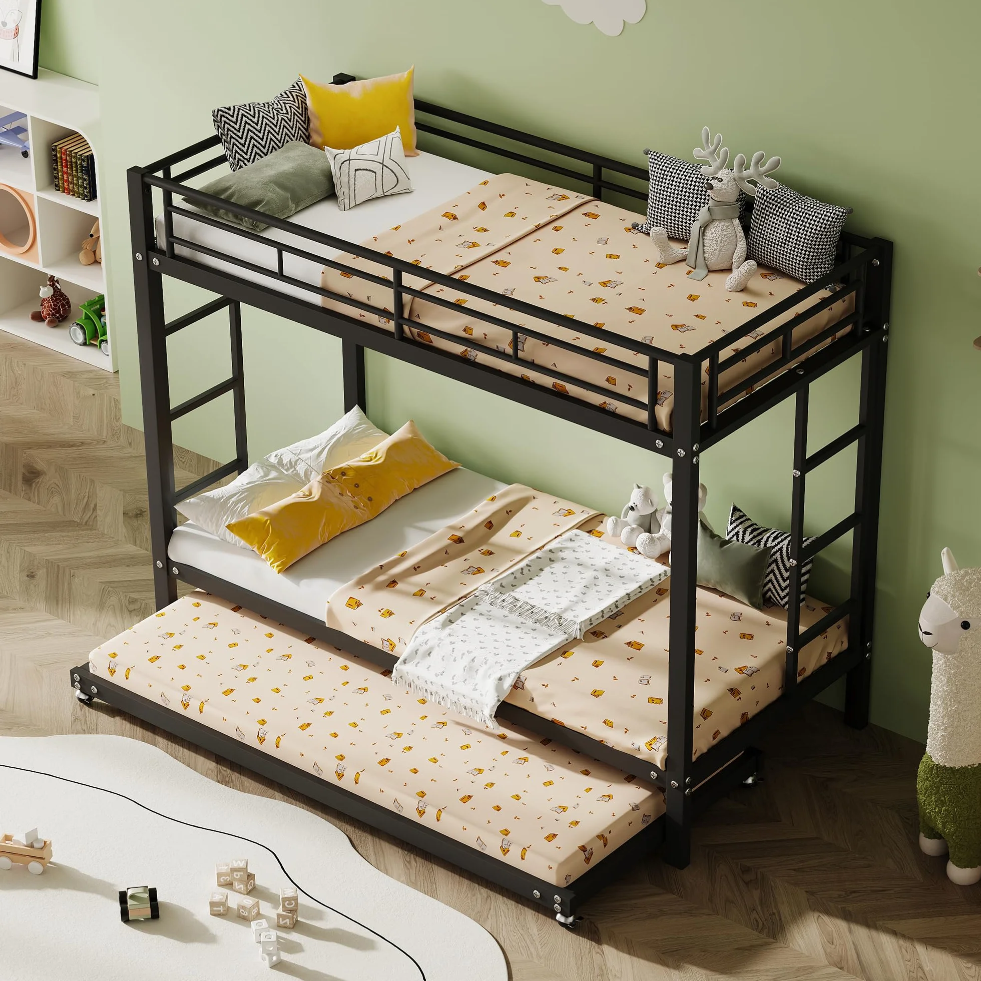Literas 3 Camas 90x200 cm con Cama extraíble 90x190 cm Incluidas Las Pastillas de Freno, Marco de Camas de Metal con Barreras de Seguridad, con somier de láminas, sin Colchón, Negro
