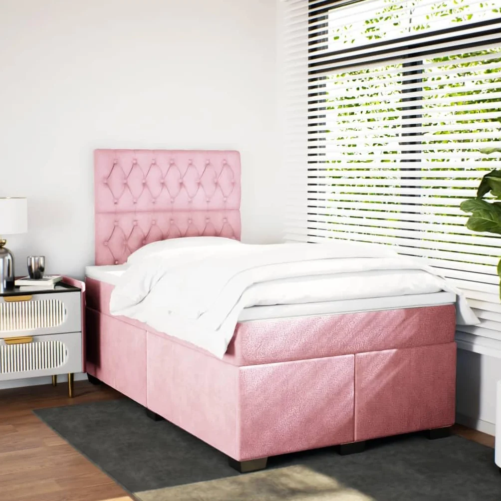 Cama con somier rosa de terciopelo 120 x 200 cm con LED USB, cabecero regulable en altura regulable, colchón de resistencia media para jóvenes, dormitorios, habitaciones de invitados