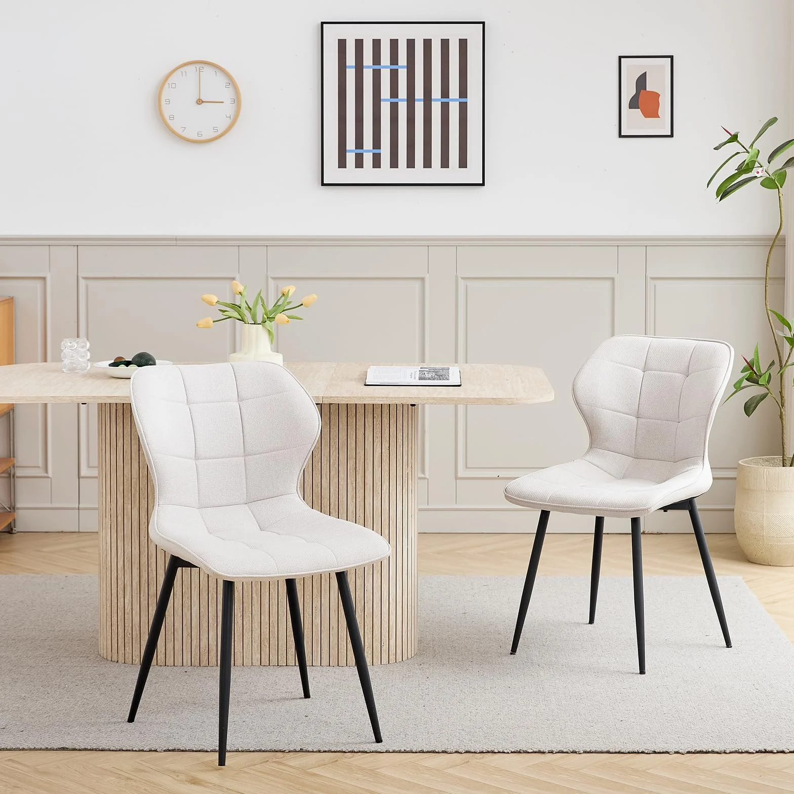 GrandCA HOME Juego de 4 Sillas de Comedor Tapizadas de Lino con Respaldo y Patas de Metal Negro, Silla de Sala de Estar para Cocina, Comedor, Dormitorio - Beige