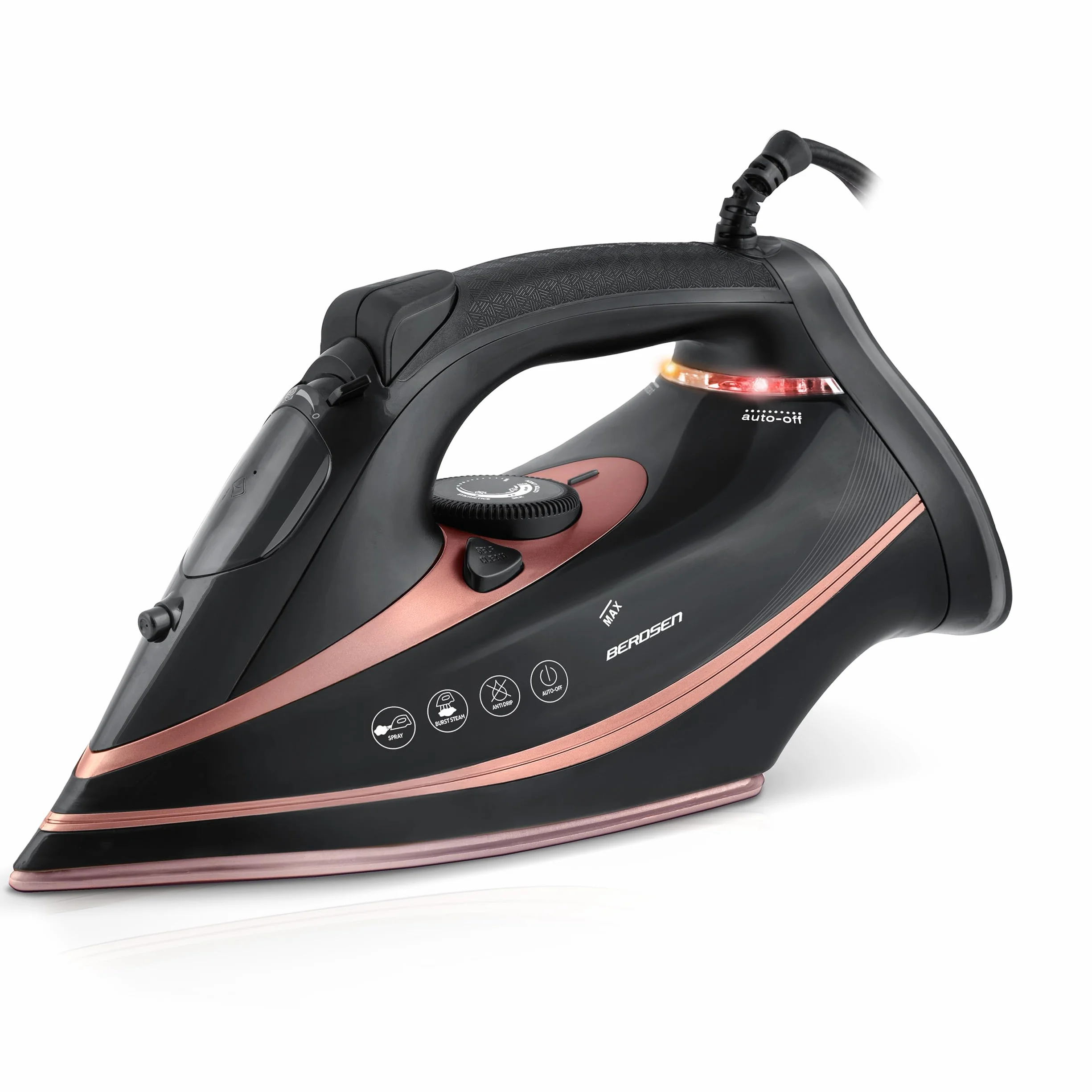 Berdsen Plancha de vapor, 3000 W, 10 en 1, con suela de cerámica, depósito de agua de 360 ml, doble golpe de vapor, color negro