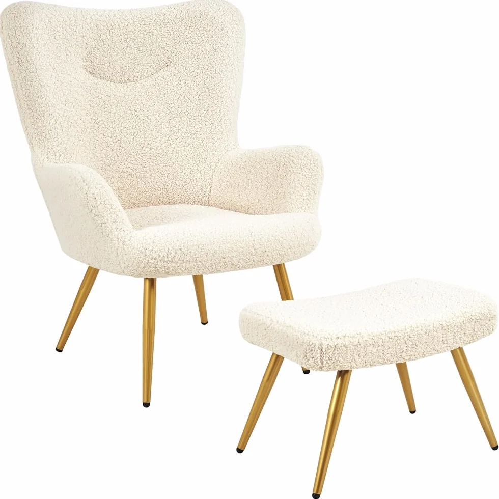 Yaheetech Sillón Orejero con Reposapiés Butaca de Salón Tapizada en Bouclé Sillón Lectura con Otomana de Respaldo Alto Ergonómico Soporte 136kg Ideal para Salón Dormitorio Oficina Marfil