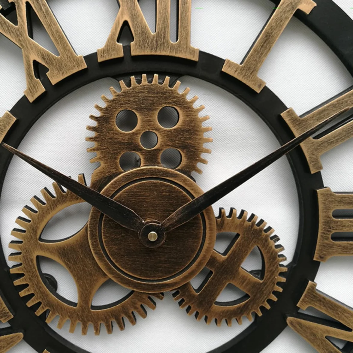 Reloj de Pared Creativo Industrial Mecanismo de Engranajes, Color Dorado, Material Metal y Madera, sin Ruido para Oficina y Sala Moderna