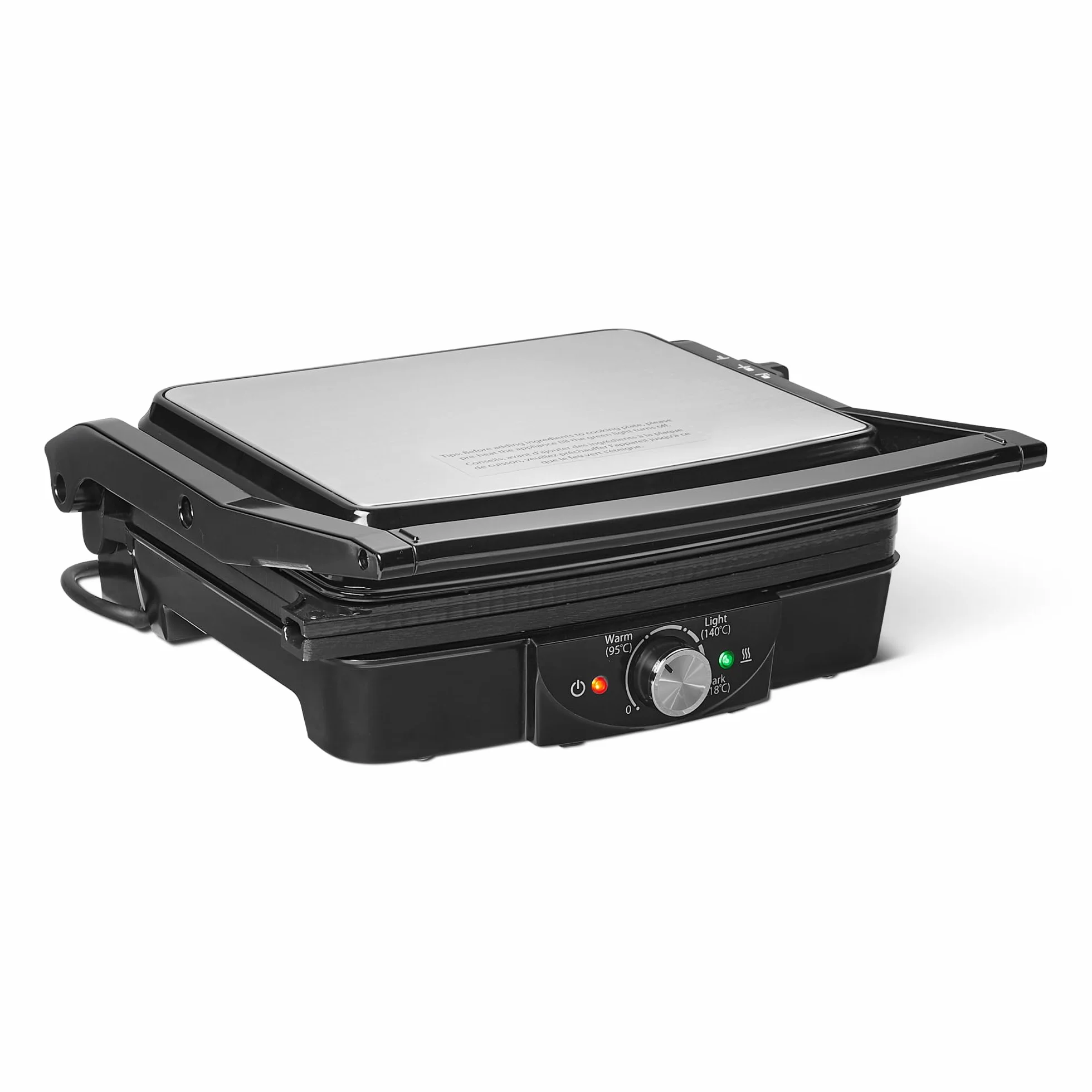 Amazon Basics - Parrilla eléctrica de contacto con control de temperatura, placas antiadherentes, 2000 W, negro