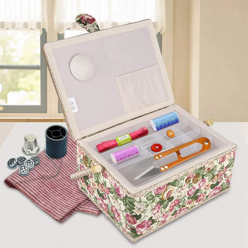 lyrlody Cesta de Costura Vacía con Compartimientos, Caja de Almacenaje de Tela con Tapa y Asa, 30,5 x 23 x 15,5cm