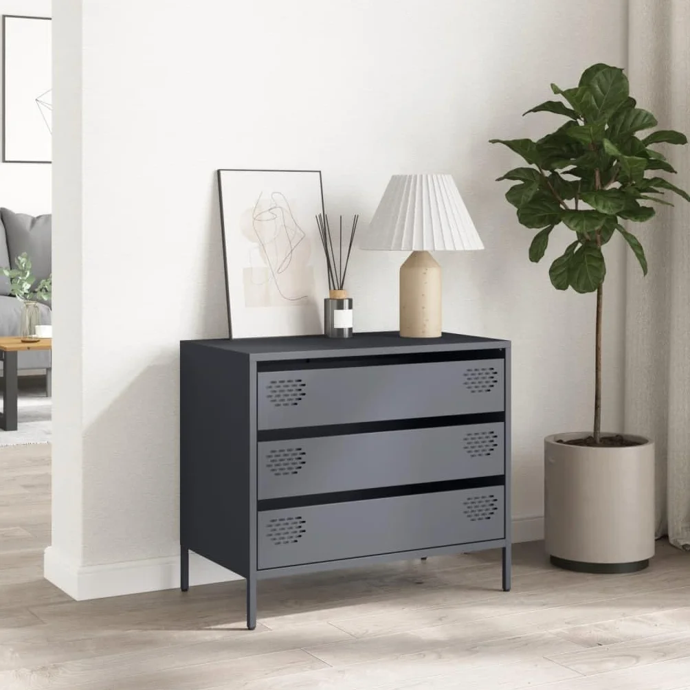 Acero laminado en frío con cajones estilo clásico Antracita 68x39x58 5 cm | Aparador 3 cajones antracita acero laminado en frío 68x39x58,5 cm mueble almacenaje para salón dormitorio oficina con sistema