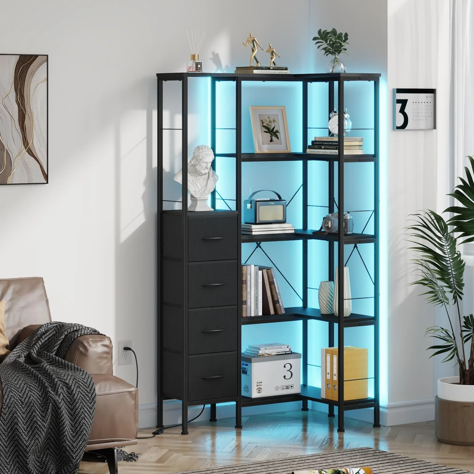 Estanteria Esquina con Iluminación LED, Estanterias Almacenaje de 5 Niveles con 4 Cajones de Tela, Estanteria Libros, Estanteria para Sala de Estar, Dormitorio, Oficina, Negro