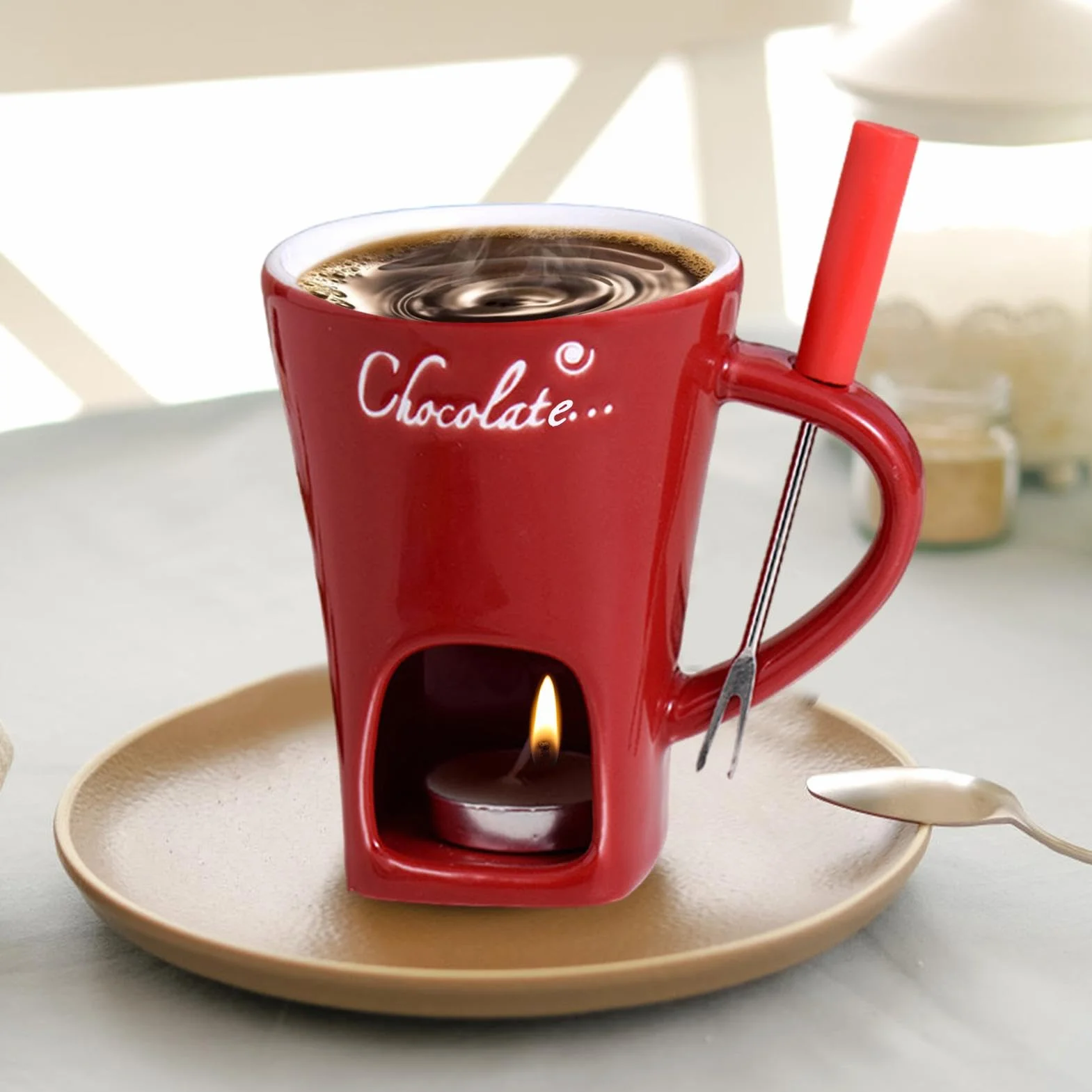Taza de fondue de chocolate de cerámica con velas de té