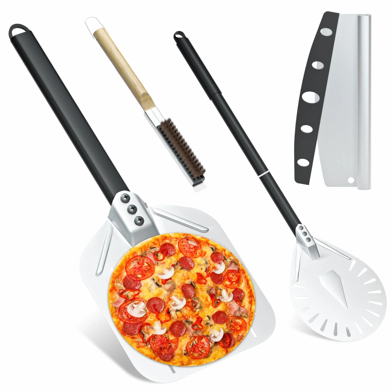 4PCS Accesorios para Horno de Pizza, iklestar Pela de Pizza Perforada de 30x40cm, Pela Giratoria de Aluminio de 83cm con Mango Largo, Cepillo Limpiador de Piedra de Horno para Pizza Casera