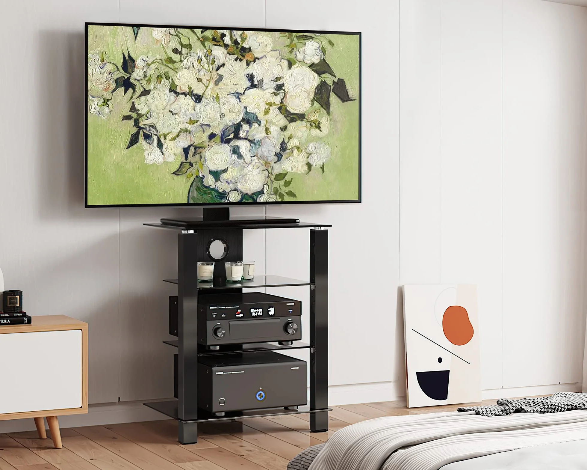 FITUEYES Mueble HiFi Negro con 4 Estantes de Cristal Templado,Mueble HiFi Mesa con 3 Columnas y Gestión de Cable,57 * 42 * 73.9cm