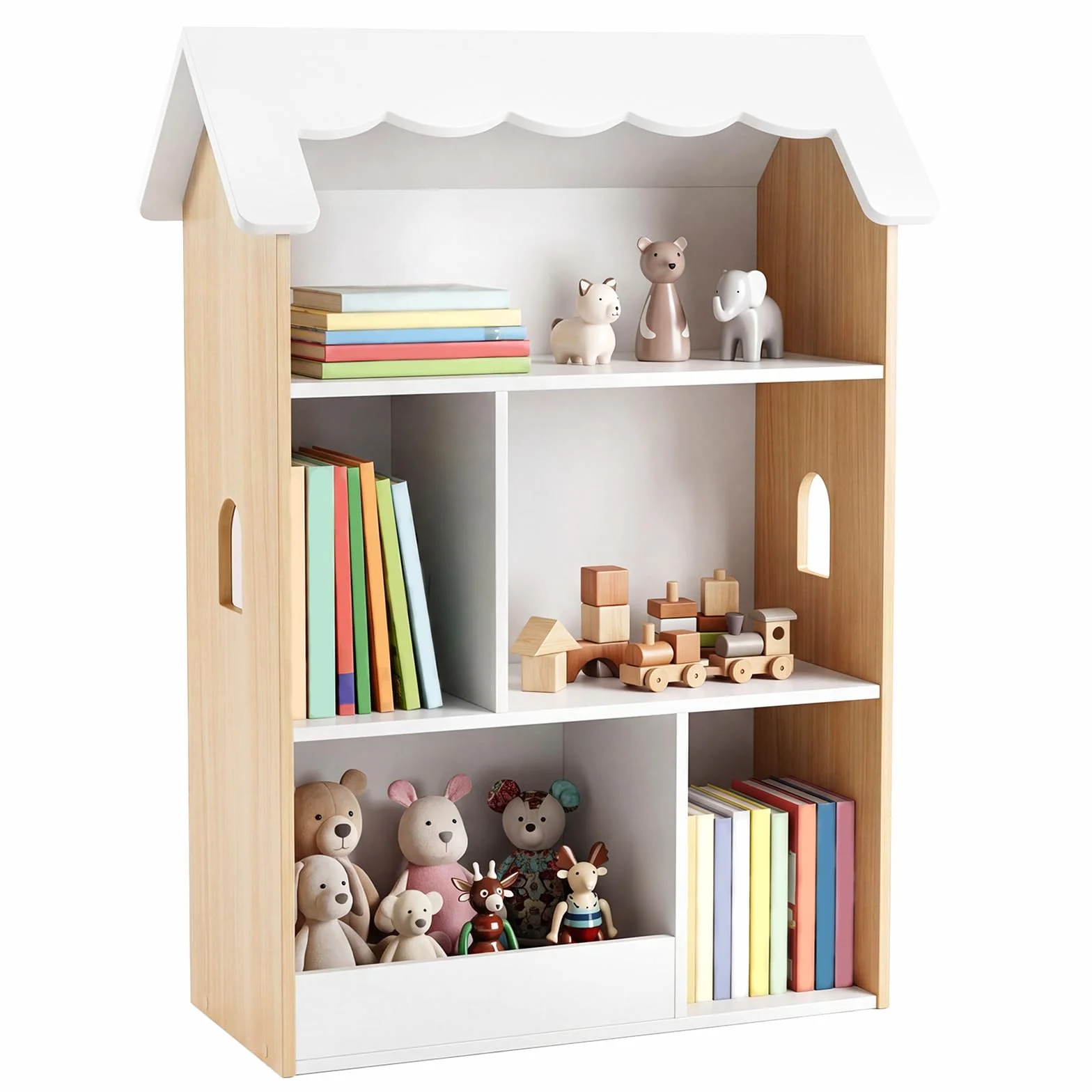 COSTWAY Librería Infantil de 3 Niveles, Estantería para Niños en Forma de Casa con Estantes Abiertos, Armario Organizador de Juguetes de Madera para Sala de Juegos Habitación Infantil Guardería